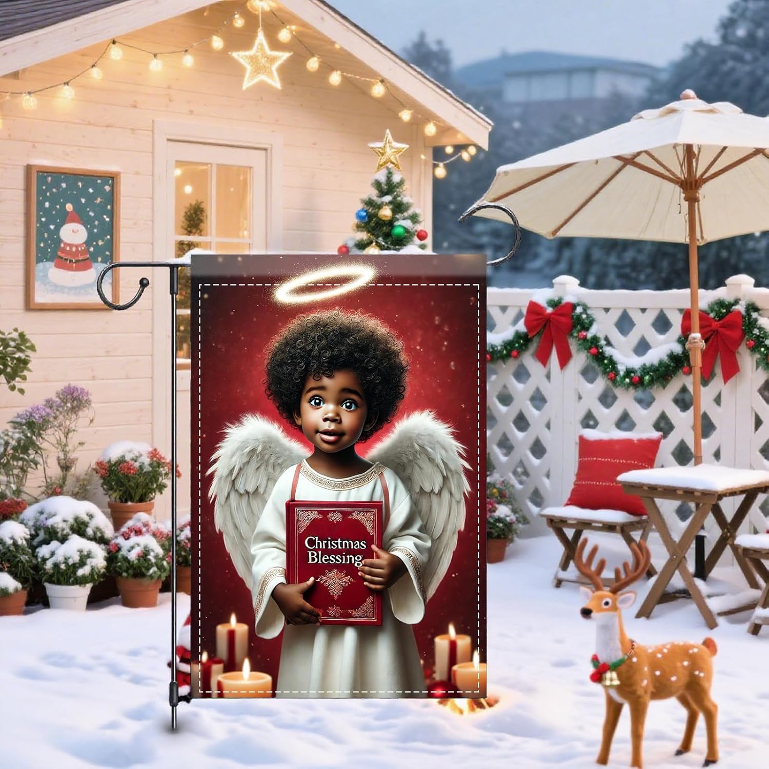 Nuxovilar Christmas Garden Flag 12x18 Inch - Angel with "Christmas Blessing" Scene Decorative Flag - Double-Sided Polyester, Fade Resistant for Outdoor Holiday Decorations - Image 2