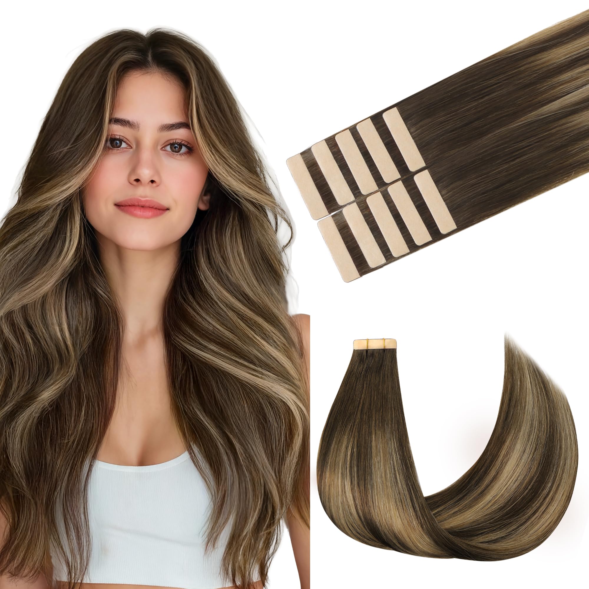 GOO GOO Tape in Hair Extensions Human Hair 16" 25g 10pcs #4/27/4 | Balayage Chocolate Brown to Caramel Blonde, Remy Human Hair, Strong Hold, Long-lasting, Invisible, Daily Wear 16 Inch-25g-10PCS #4/27/4 Balayage Chocolate Brown to Caramel Blonde