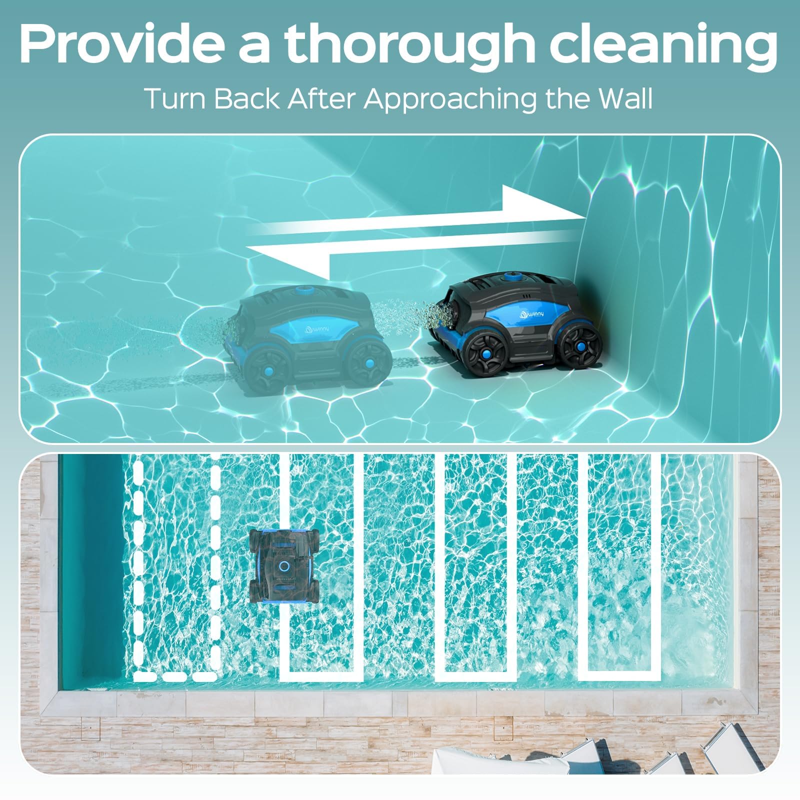 WINNY POOL CLEANER WY1103 Robot Piscina, Piscina Senza Fili con Batteria, 120 Min Autonomia, Doppio Motore, Display LED, Filtro 180μm, Parcheggio Automatico per Piscine Fino a 120m² (Nero-Blu B)