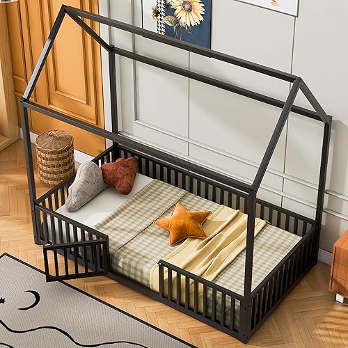 Miniatura 46 de Cama de metal de tamaño individual con valla para niños, adolescentes, niñas, niños, cama de piso de casa, camas Montessori, se puede decorar marco