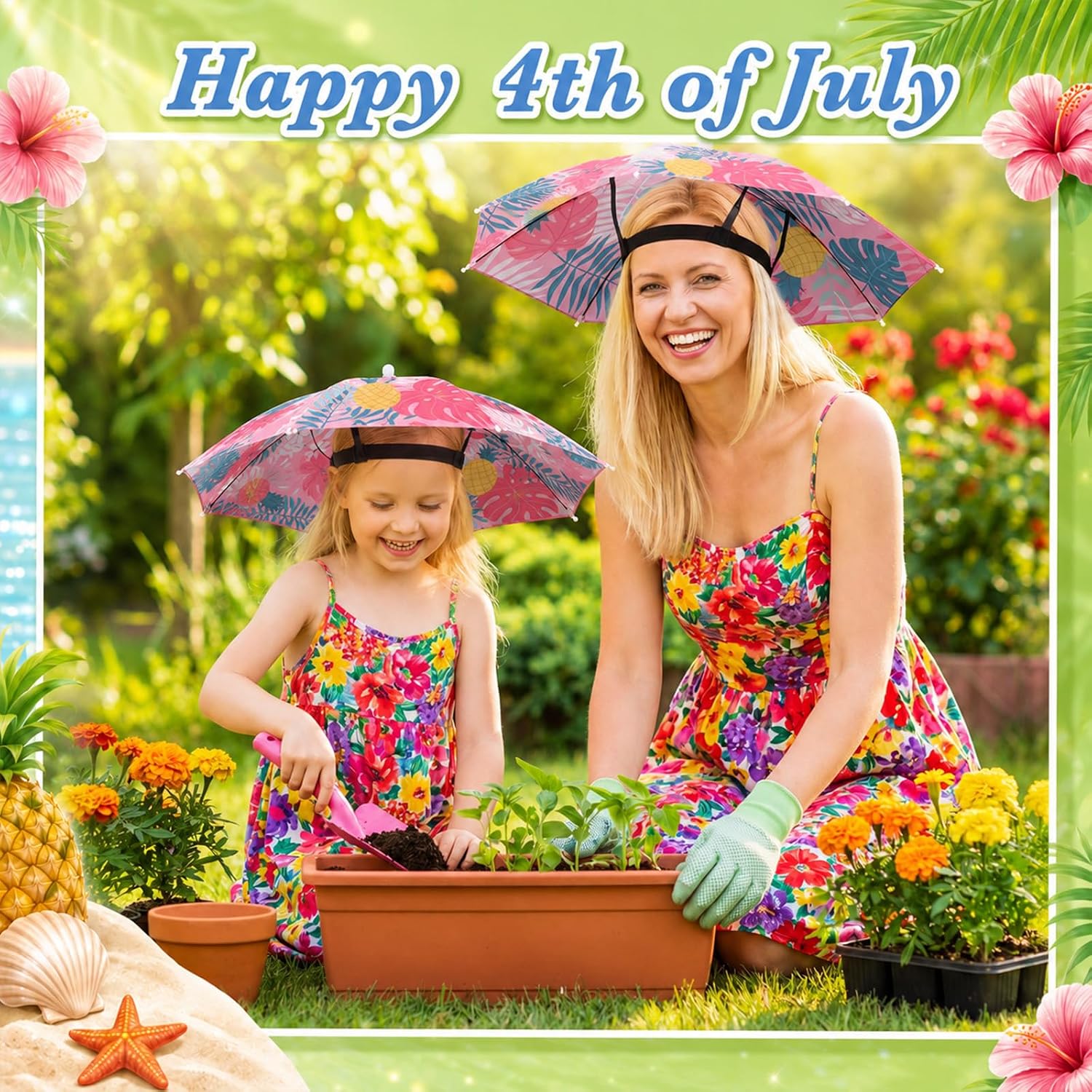 Gilprop 8 Pack Summer Tropical Umbrella Hats 20.8" Hands-Free Hawaii Floral Flamingo Umbrella Caps Folding Waterproof Head Caps for Summer Beach Fishing Golf Camping Outdoor Sun Protection Multicolor