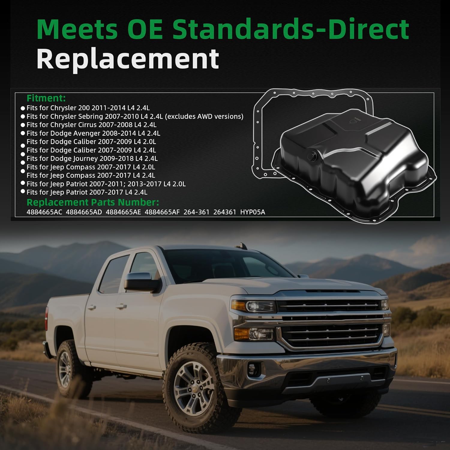 Engine Oil Pan with Gasket,for Jeep Compass/Patriot,for Chrysler 200/Sebring,for Dodge Avenger/Caliber/Journey,L4 2.0L 2.4L,OE#4884665AC, 4884665AD, 4884665AE, 4884665AF, 264-361