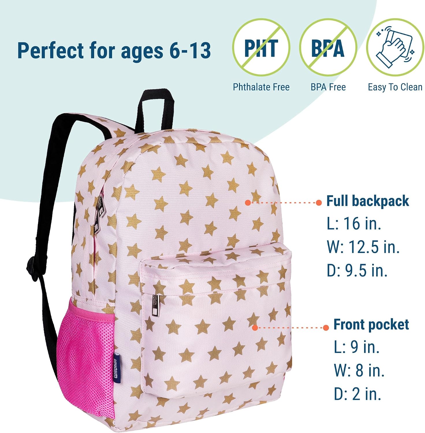Wildkin 16-inch Kids Backpack – Durable, Padded & Spacious School Bag for Boys & Girls - Pink and Gold Star