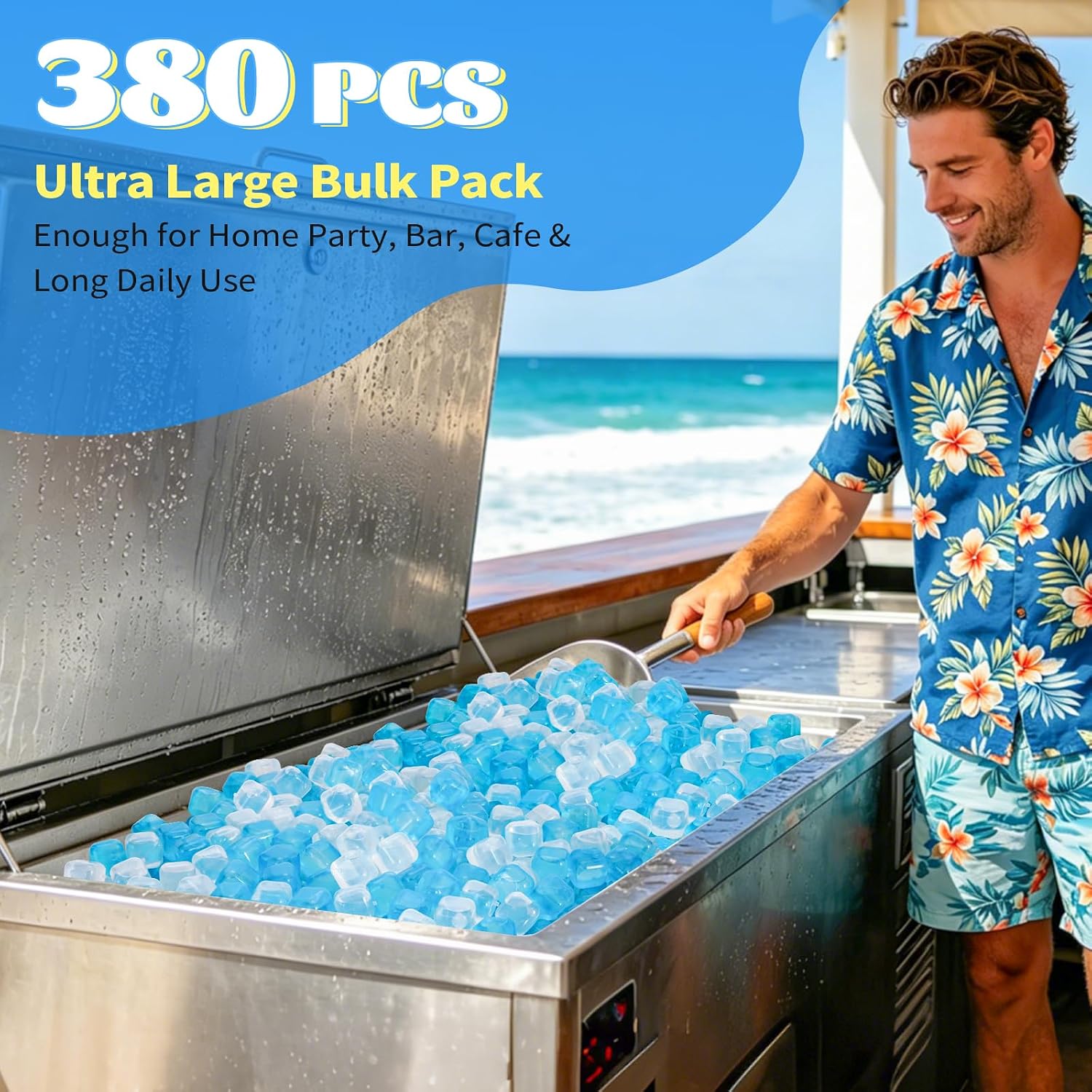 Condition photo showing New/Like New for reusable ice cube, 380 pack reusable ice cubes for drinks, washable non-melting plastic ice cubes bpa free, refreezable ice cubes for whiskey, cocktails, wine (blue&transparent, square-380pack) blue&transparent square-380pack