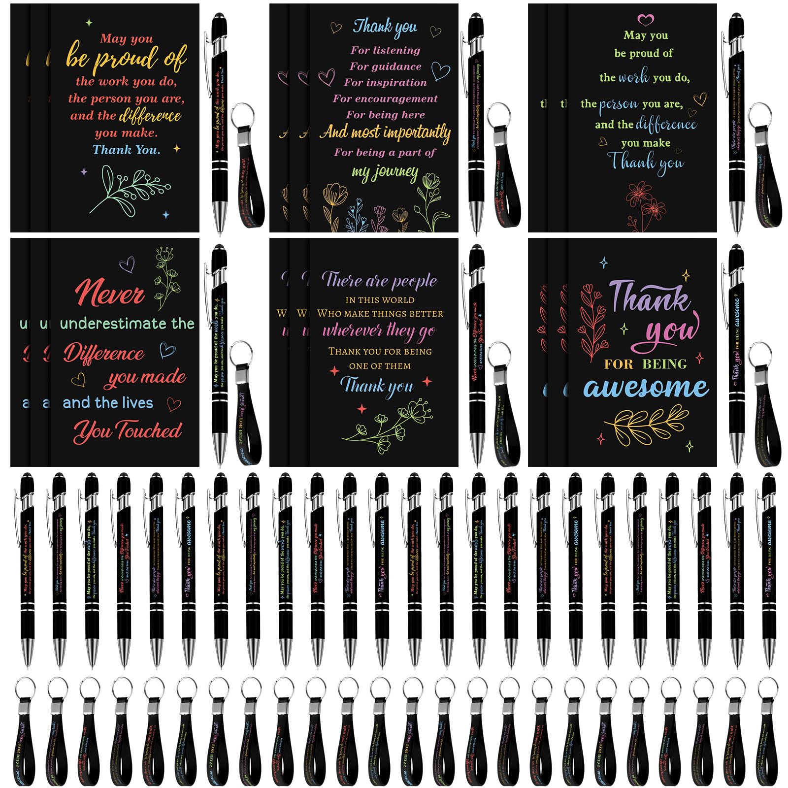 Fulmoon60 Sets Employee Appreciation Gifts Pens and Pocket Notebooks with Keychains Staff Appreciation Gifts Volunteer Thank You Gifts Office Supplies for Women Nurse Coworker Teacher (Dark Style)