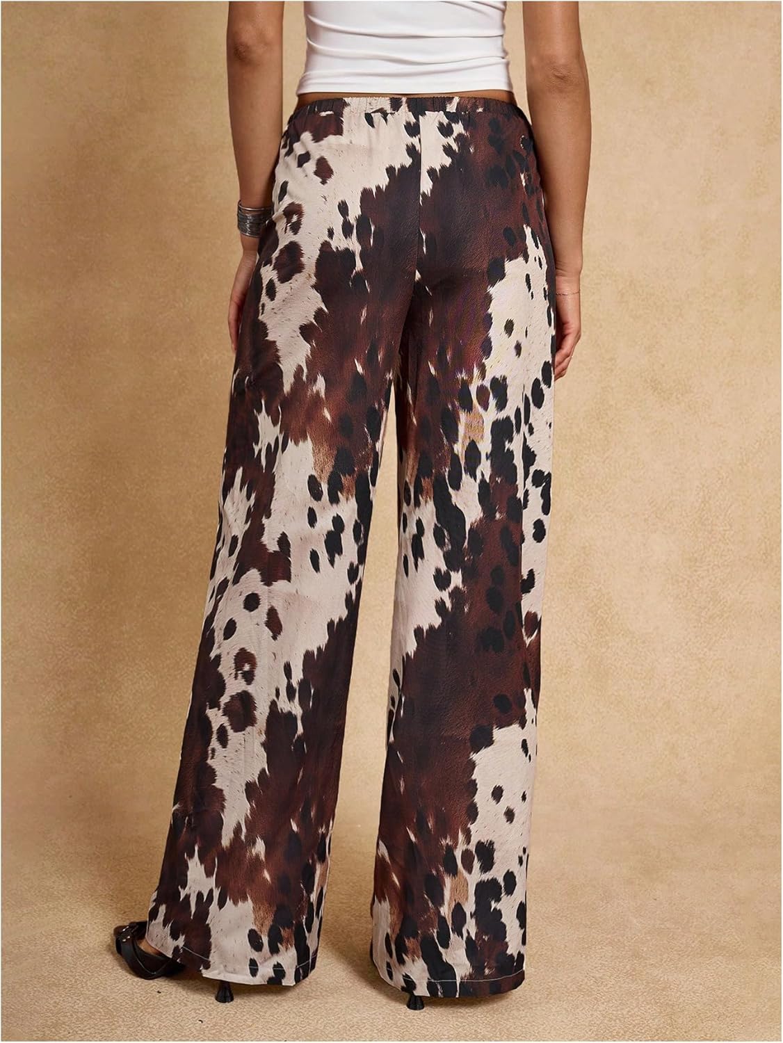 MakeMeChic Women's Cow Print Wide Leg Pants Low Waist Drawstring Baggy Trousers - Image 3