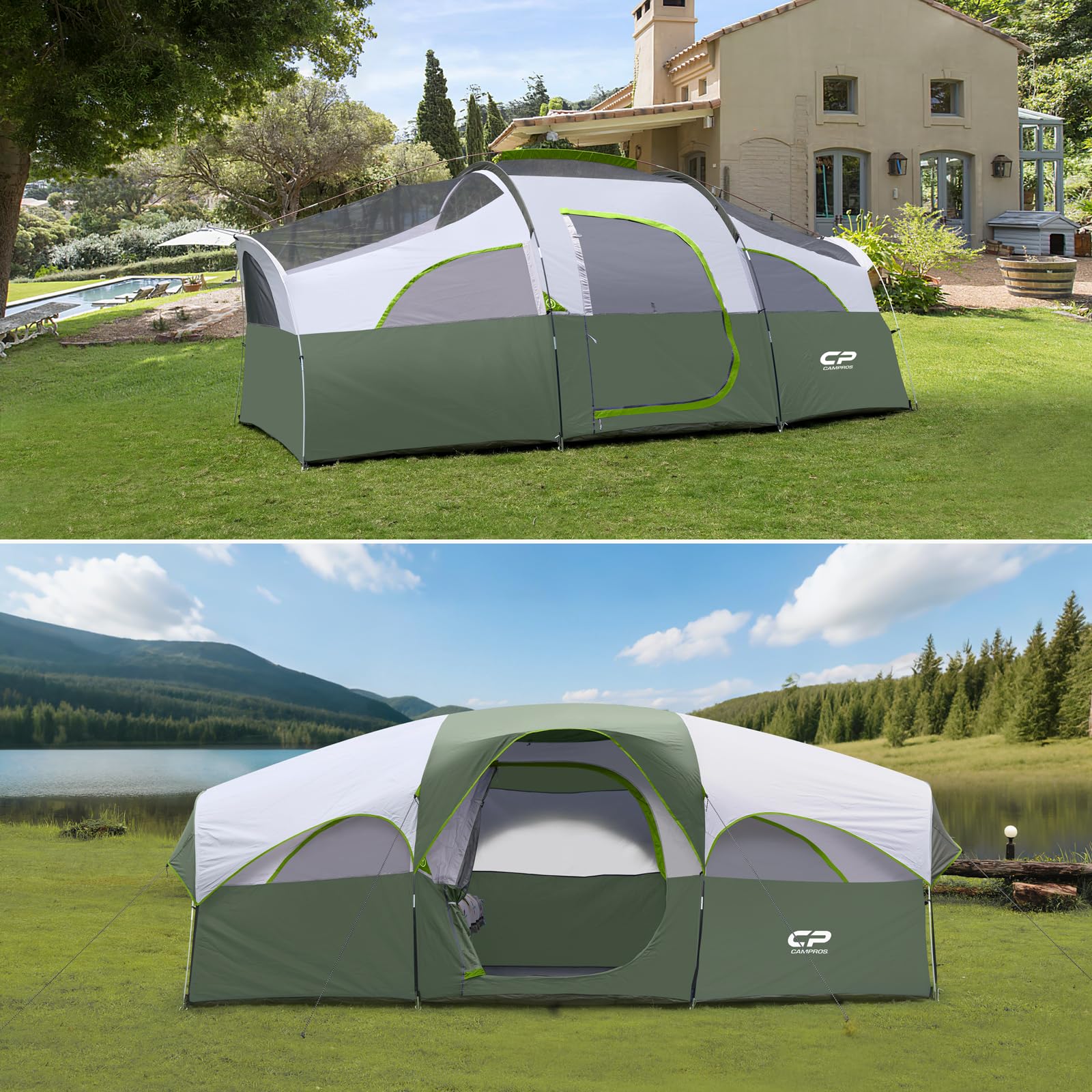 CAMPROS CP Tienda de Campaña 6-8 Personas, Tienda Familiar Grande 427 x 274 x 183 cm, 2 Habitaciones con Separador, Altura Cómoda, Montaje Rápido en 5 Minutos, Ventilada, Camping Familiar