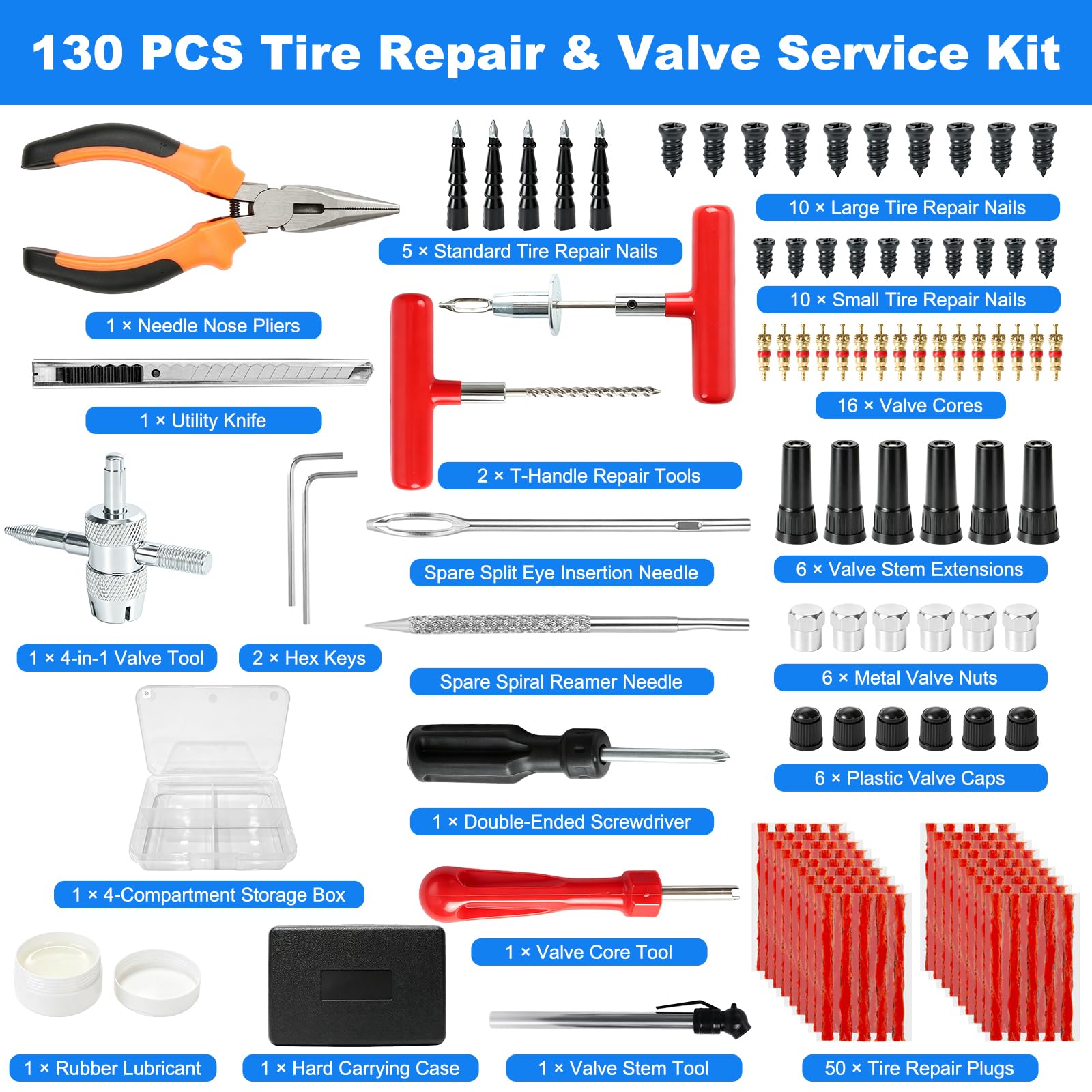 Kit de tapones para neumáticos, kit de reparación de neumáticos sin cámara de 130 piezas con herramientas de mango en T de metal resistente, tiras de reparación, tapones de reparación