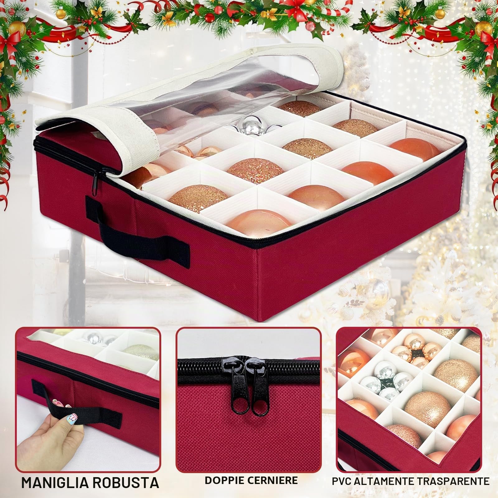 Scatola portaoggetti per ornamenti natalizi con divisori, 4 pezzi, organizer pieghevole per decorazioni natalizie, con 2 manici e coperchi, per le vacanze (rosso)