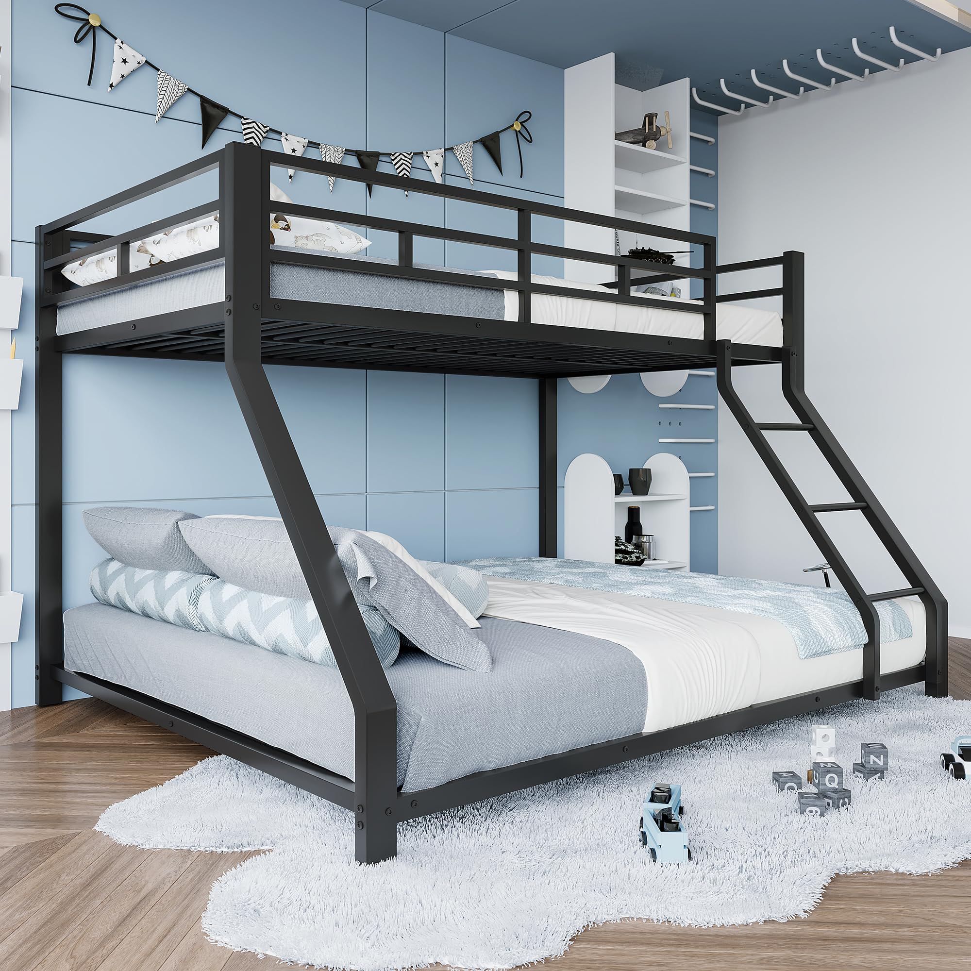 Litera doble para niños, barandilla, con escalera segura, sin colchón, diseño elegante, adecuado para cualquier decoración de habitación infantil, metal, 90 x 200 cm, 140 x 200 cm (negro)