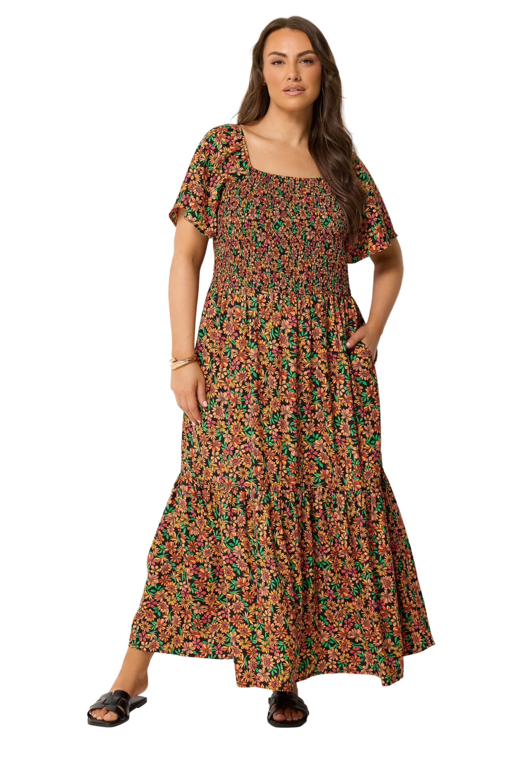 Yours Curve Black Shirred Floral Maxi Dress - Women's - Plus Size Curve