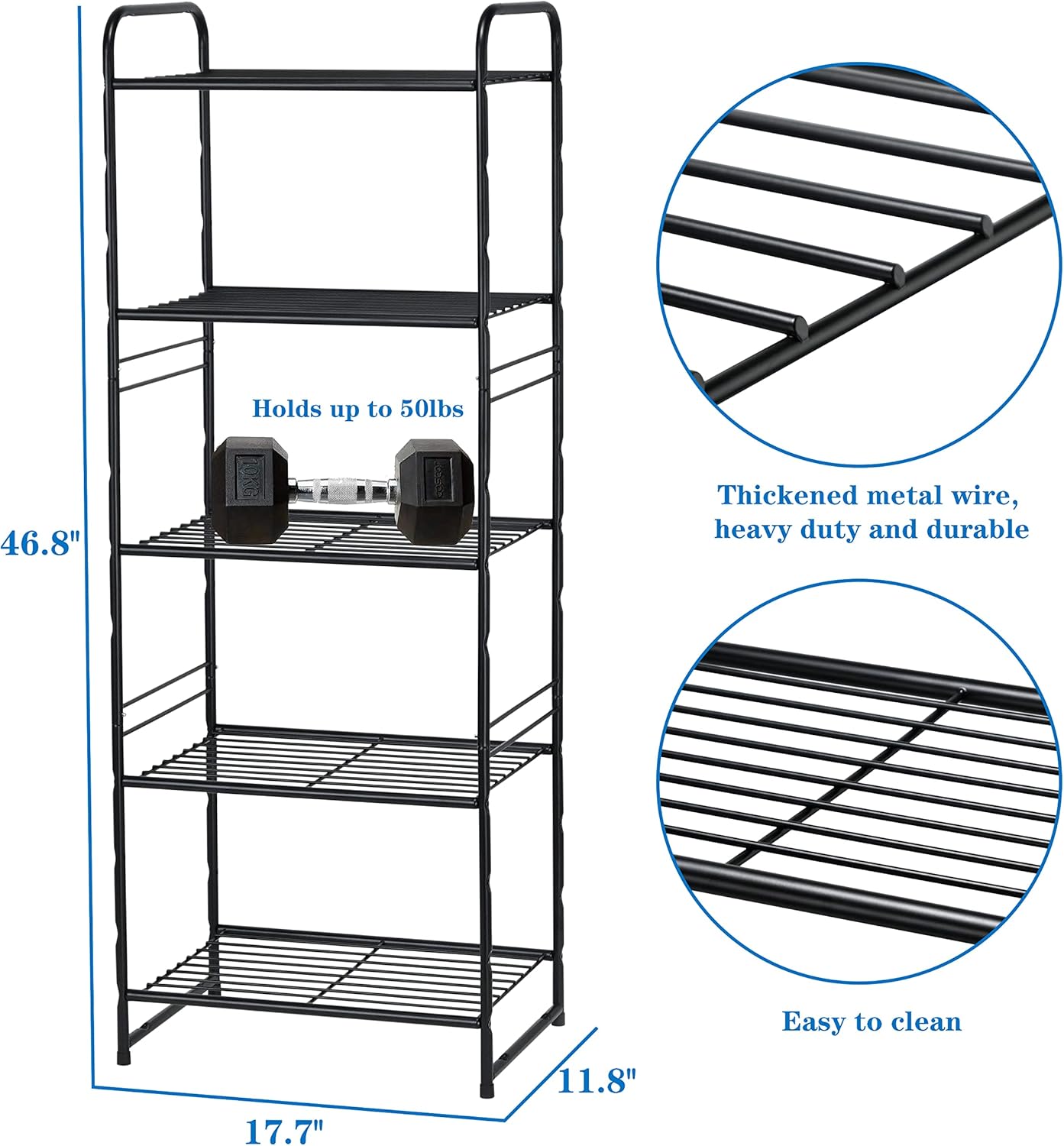 5 Tier Shelf, Heavy Duty Metal Bathroom Shelf Plant Stand, Stackable, Black