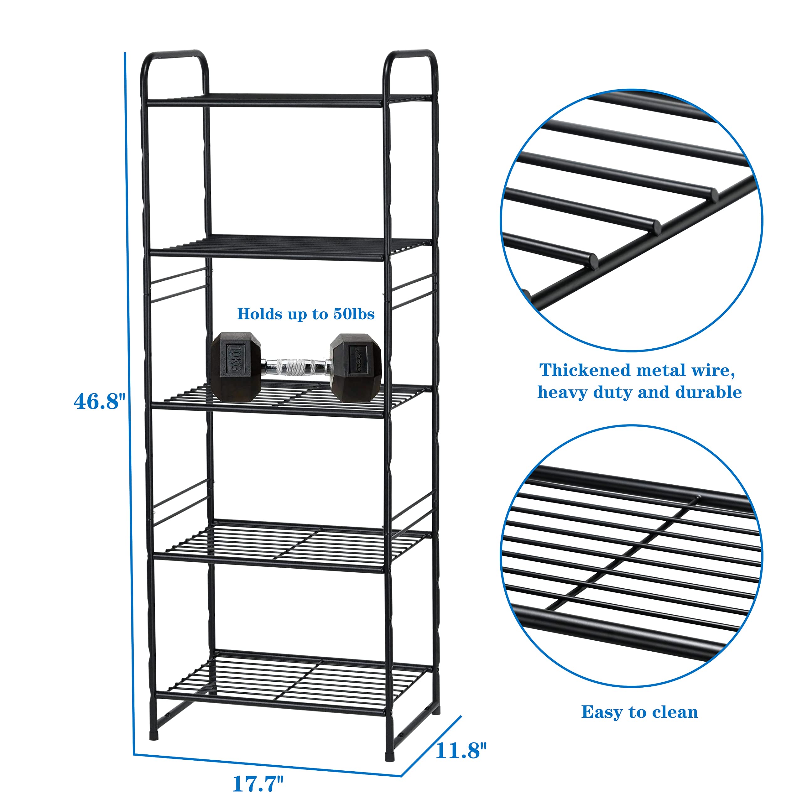 GEORIS 5-Tier Heavy Duty Wire Shelving Unit Storage Rack, Stackable Extendable Plant Stand Organizer with Adjustable Shelf, Water Bottle Storage Holder, Black