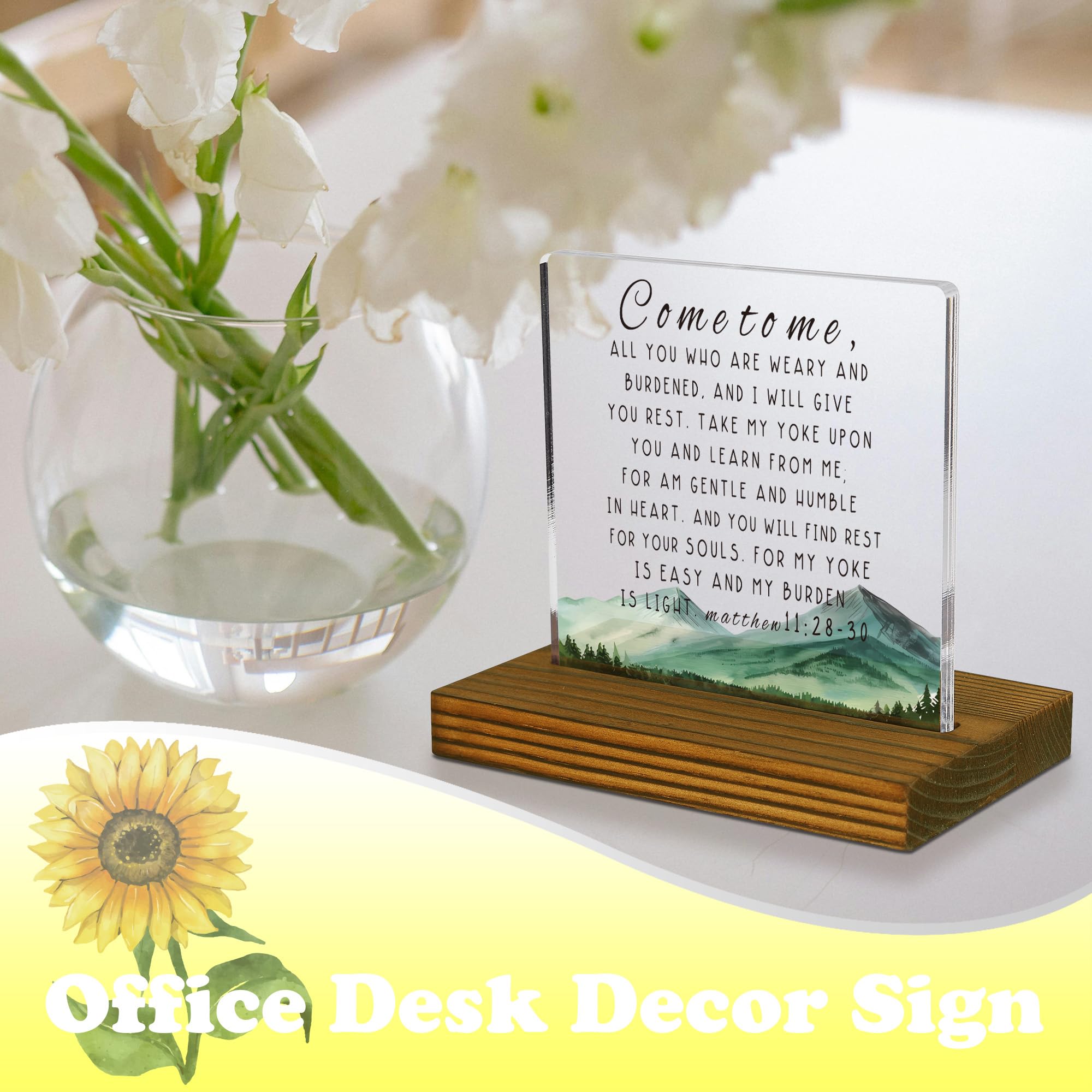 Condition photo showing New/Like New for Come to Me All You Who are Weary and Burdened, Matthew 11:28-30 Sign, Bible Verse Sign, Scripture Plaque, Housewarming, Christian Plaque, Acrylic Desk Decor Sign with Wood Stand - FSA054
