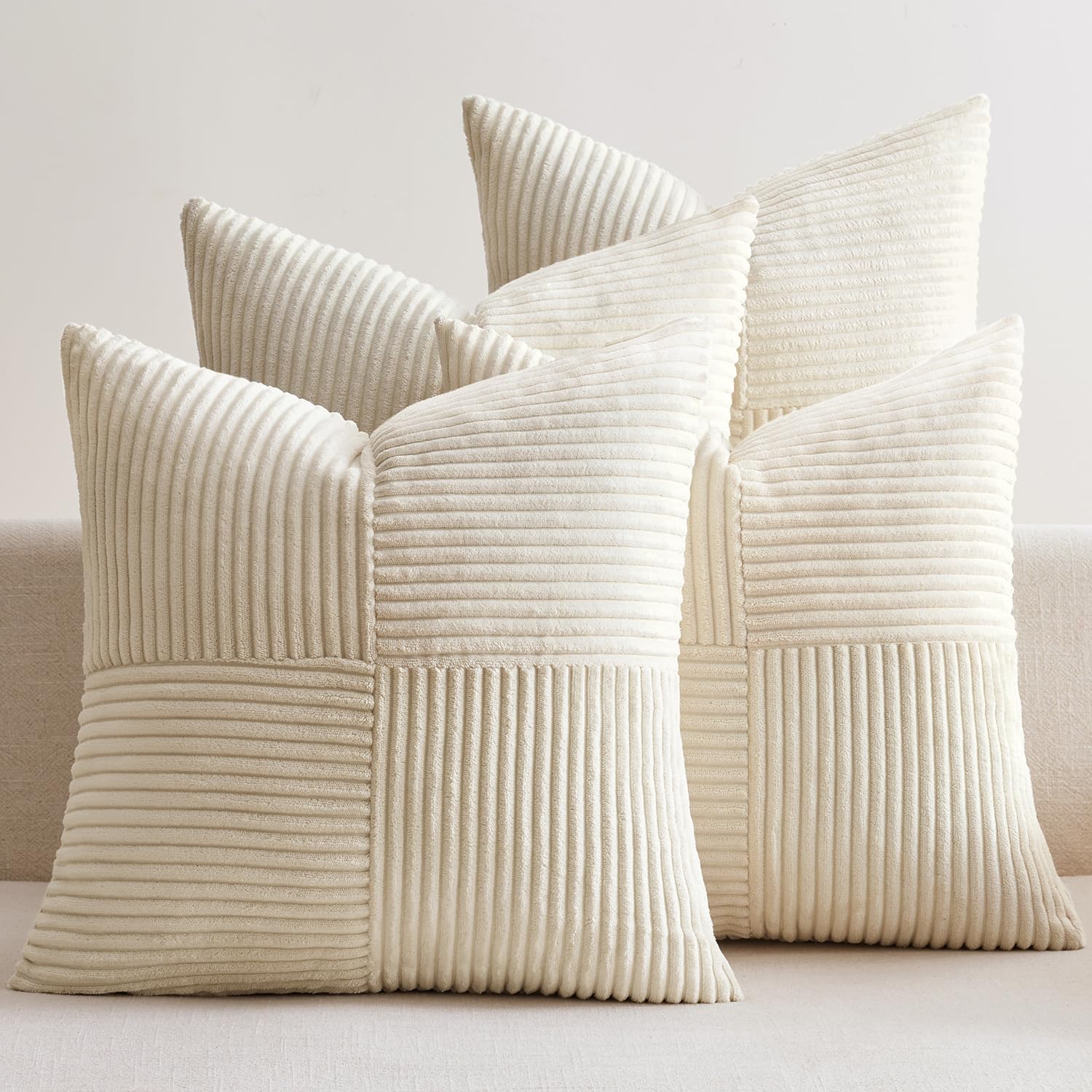 EMEMA Kissenbezug Kordsamt 4er Set Patchwork Kissenhülle 40x40 cm Zierkissenbezug Dekokissen Sofakissen Kord Dekorative Kissen für Sofa Sessel Zuhause Schlafzimmer Beige