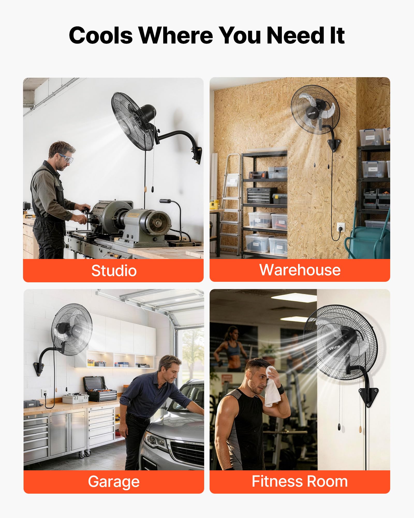 VEVOR Ventilatore da Parete Industriale, 457 mm, Ventilatore Oscillante a Muro, 3 Velocità, Flusso d'Aria Potente, Angolo Regolabile, Adatto per Officine, Garage, Palestre e Ambienti Commerciali