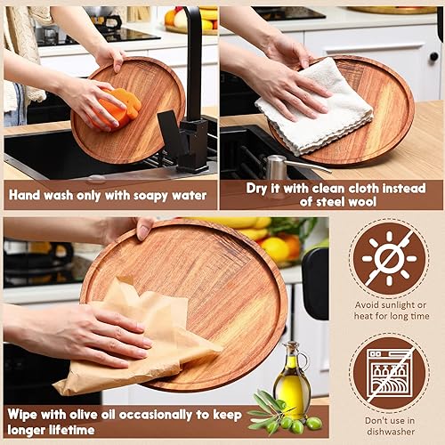 Miniatura 4 de Rtteri 12 platos llanos de madera de acacia, platos redondos de madera, bandeja para servir, fácil limpieza, ligero, irrompible, plato clásico para