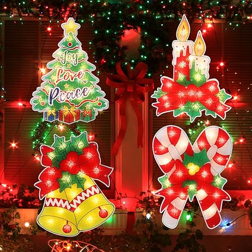 Miniatura 2 de 4 piezas de decoración de silueta de ventana de Navidad iluminada, campana iluminada, árbol de Navidad, vela, bastón de caramelo para ventana,