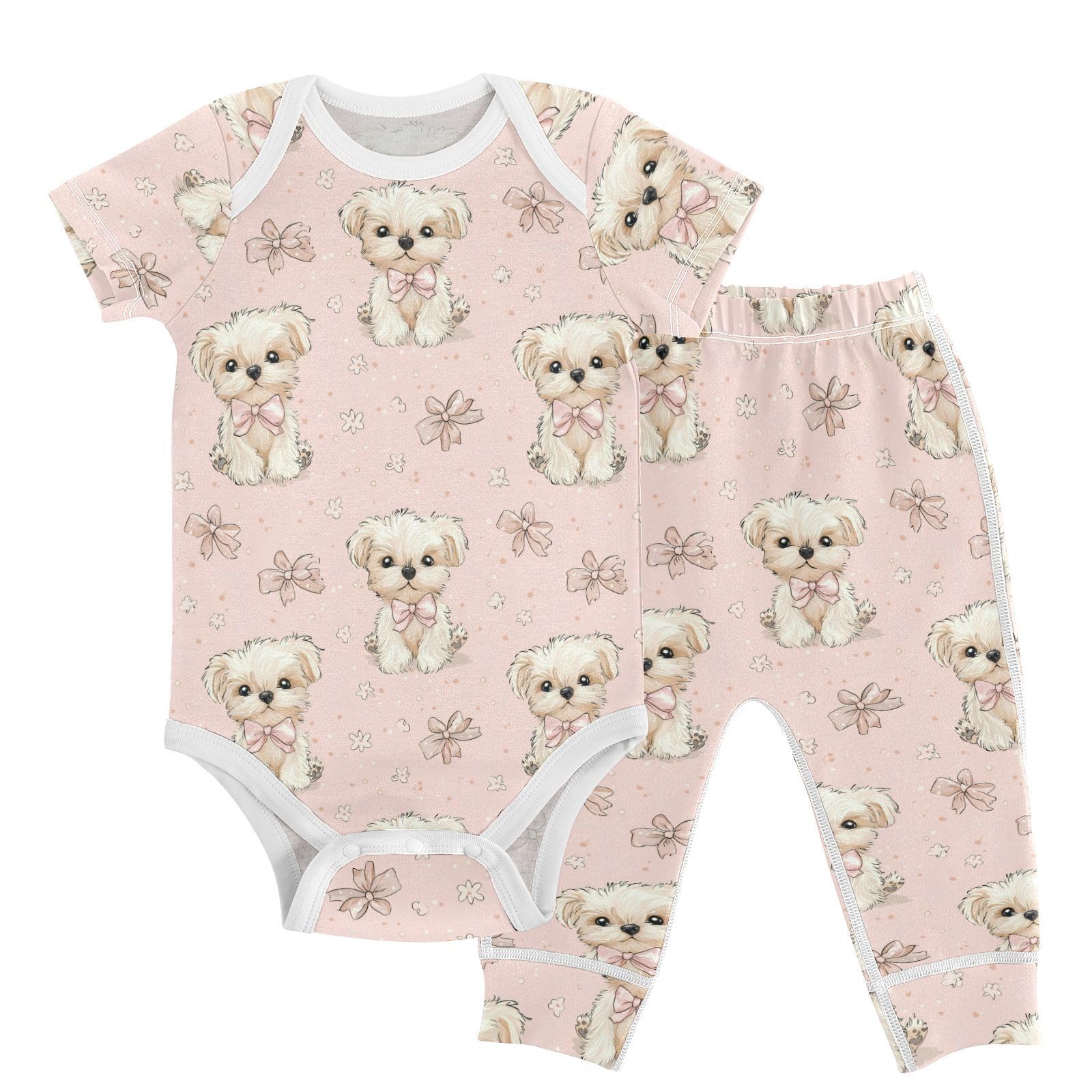vvfelixl Lovely Teddy Dog Wear Bow Baby Layette Sets,Baby Bodysuits Set Unisex Short Sleeve Babys Pants Sets 9-12M