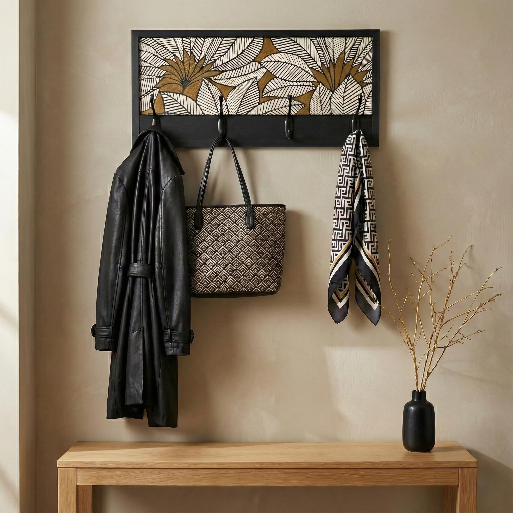 Perchero Pared Madera 52x25cm Minimal Negro 4 Ganchos