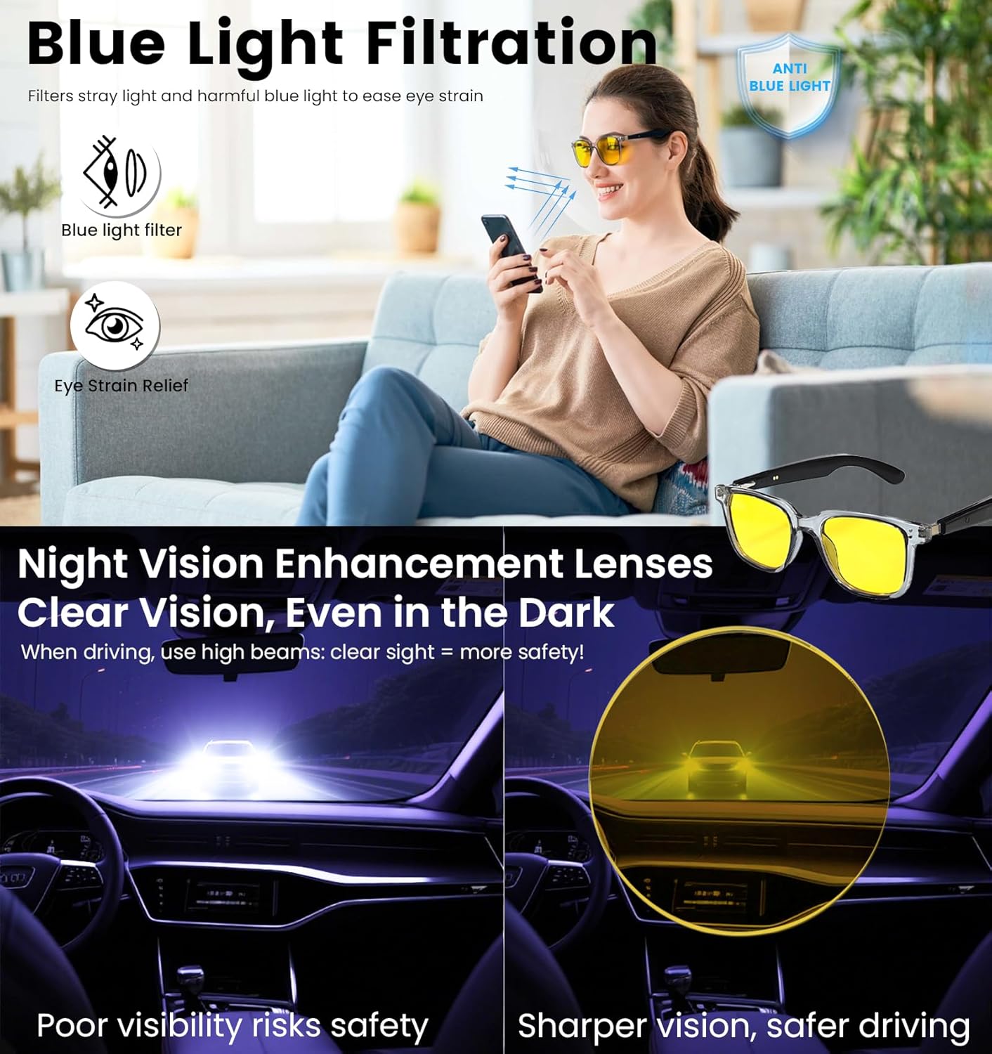 AI Translation Smart Glasses with Chat GPT&Night Vision Enhancement,Bluetooth 5.4 Glasses with 100 Languages ,Blue Light Blocking,Multifunctional for Women & Men,Travel, Business & Night Driving