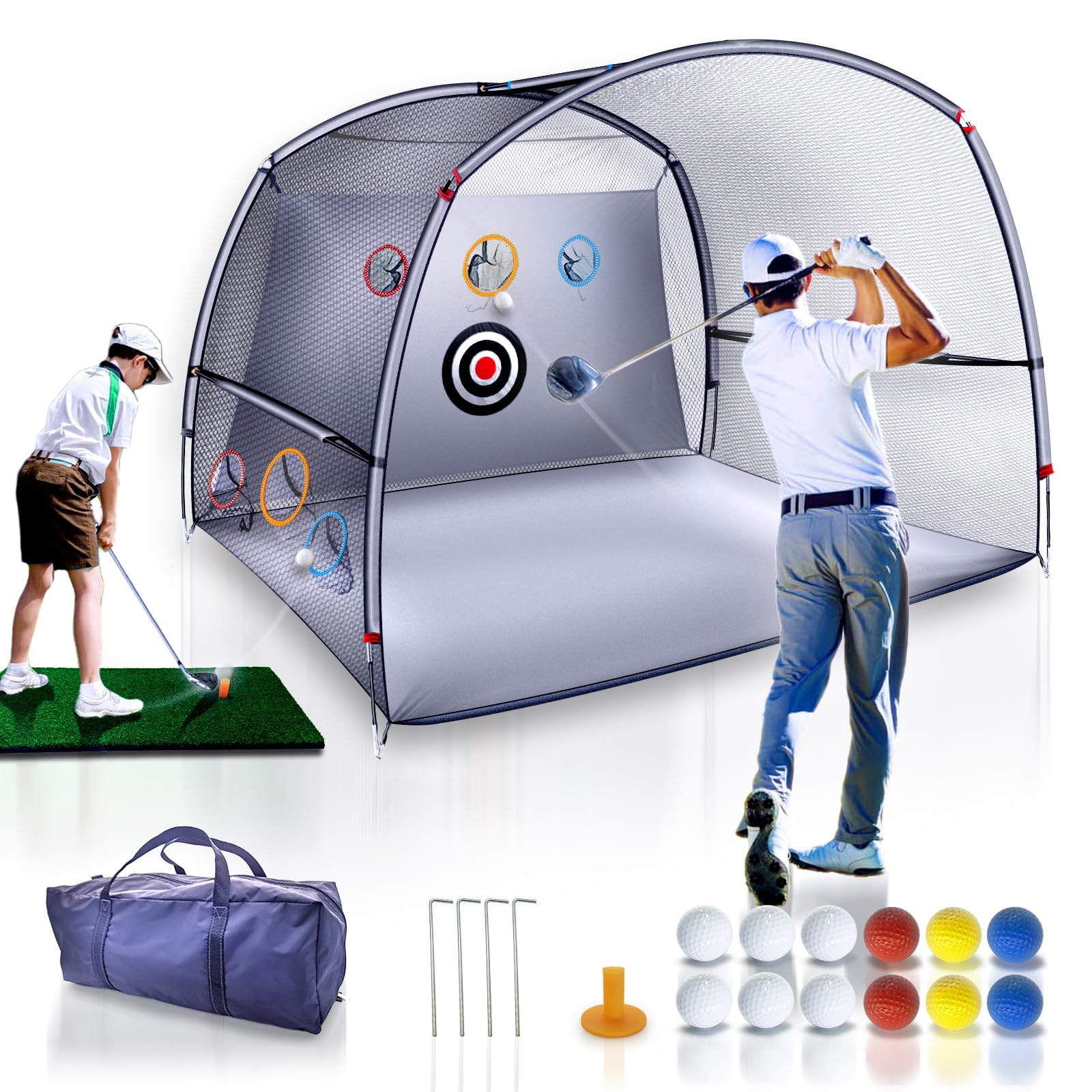 Golf Practice Net,2-in-1 Golf net,Golf Hitting Aids Nets for Backyard Driving Chipping, Home Golf Swing Training with Targets /1 Golf Mat / 12 Golf Balls / 1 Golf Tees/Bag - Men Indoor Outdoor Sports…