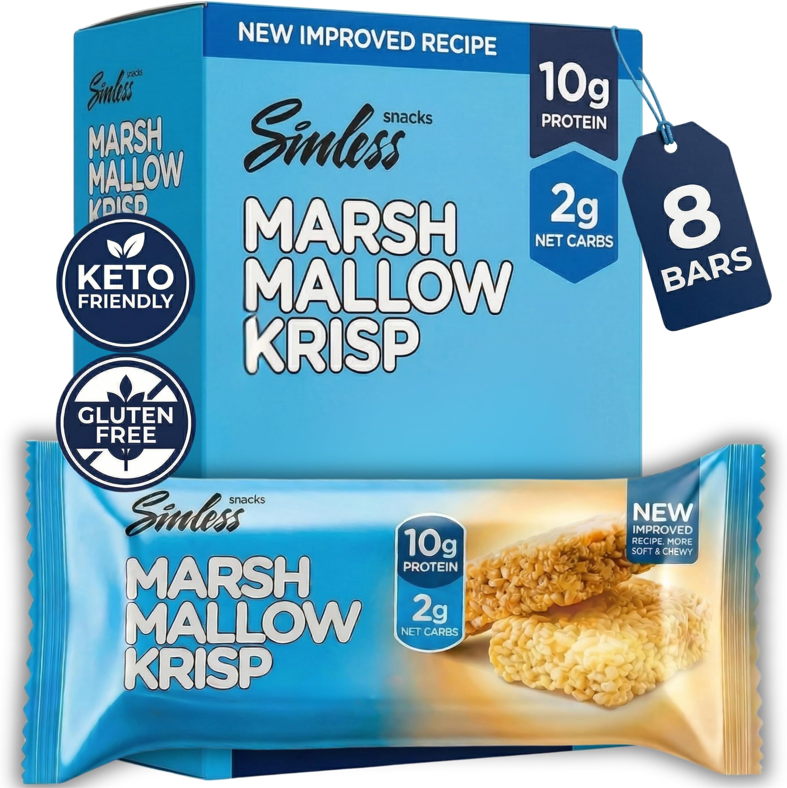 Sinless Snacks Delicious Marshmallow Krisp Bar - Low Carb Keto Snack - 10g Protein 2g Net Carbs - New Improved Recipe, More Soft & Chewy - Gluten Free, Low Sugar, Perfect Snack for the Family - 8 Bars
