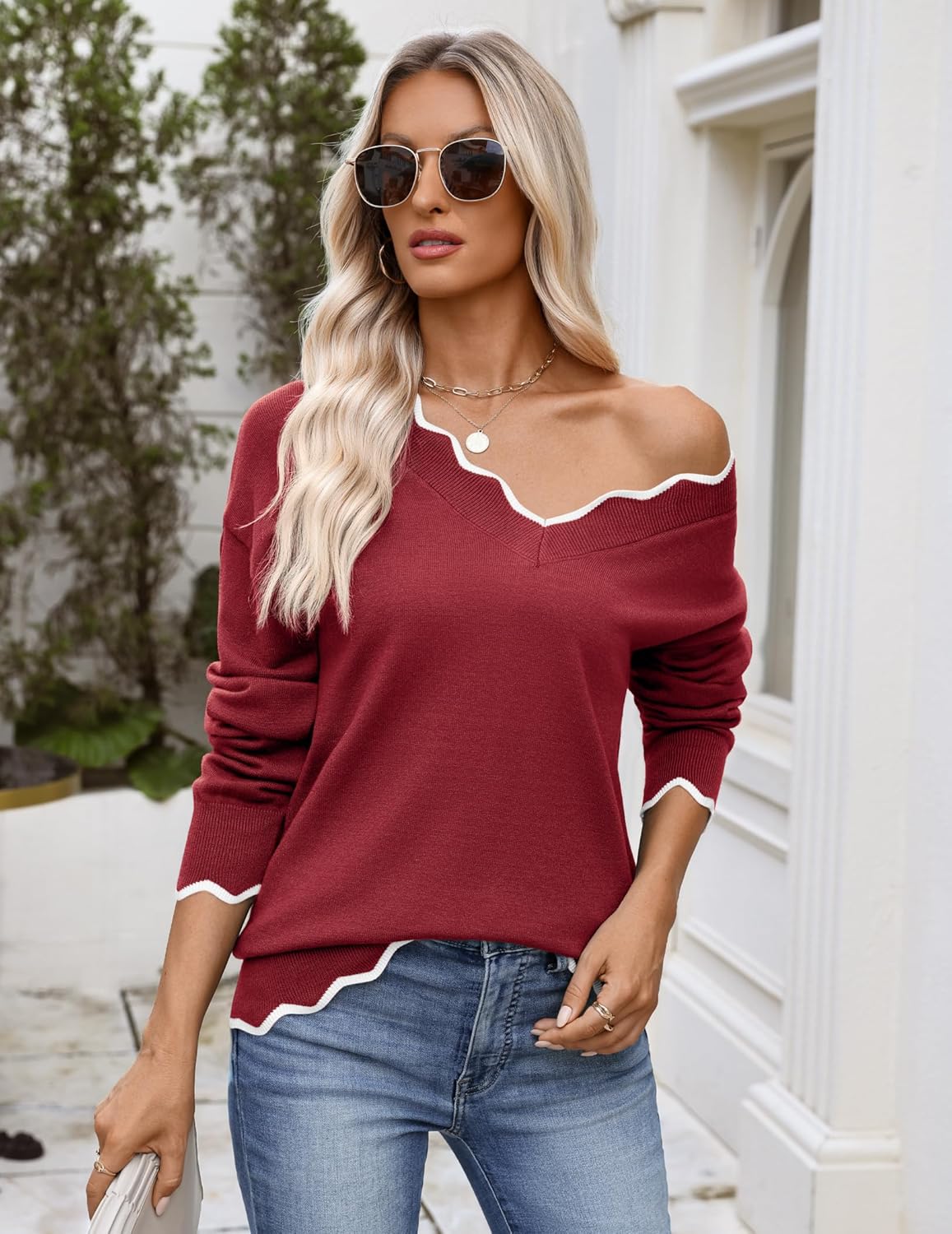 Zeagoo Women's 2026 Fall V Neck Sweater Casual Long Sleeve Lightweight Ribbed Knit Pullover Sweaters Dressy Casual Tops - Image 4