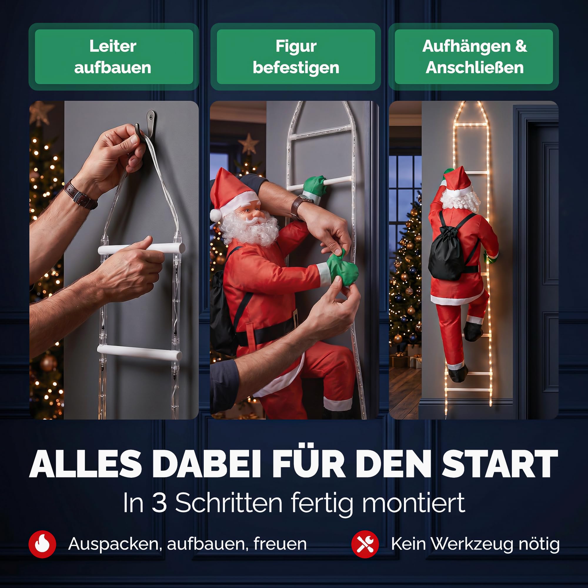 MONZANA LED Weihnachtsmann Leiter XXL In-/Outdoor Timer | 240 cm, 8 Leuchtfunktionen,100 LEDs, Fernbedienung, dimmbar, Santa Claus, Nikolaus, Weihnachten, Figur, Deko