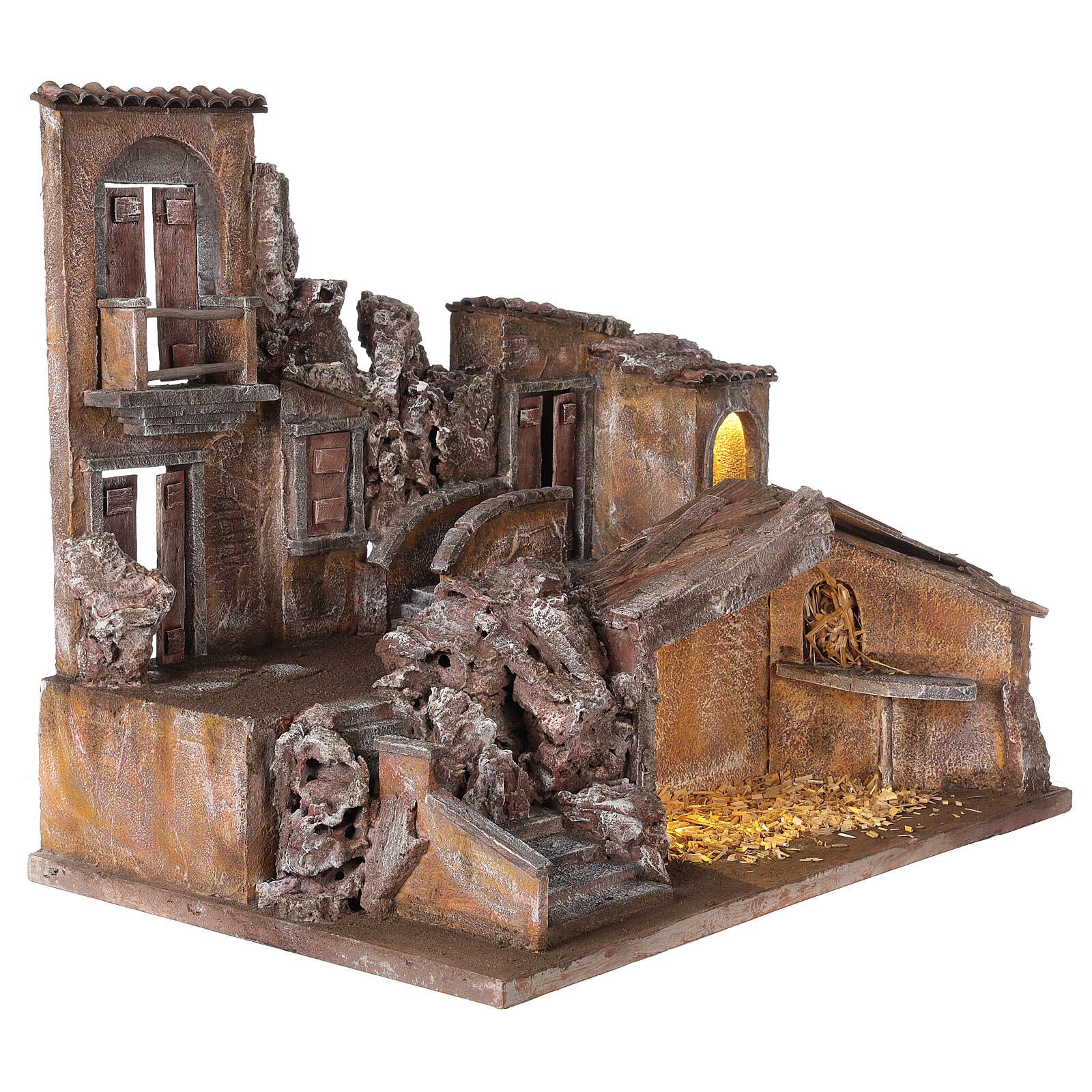 Holyart Casas, ambientaciones y Tiendas: Pueblo belén Iluminado con establo 50x60x40 para estatuas 12 cm