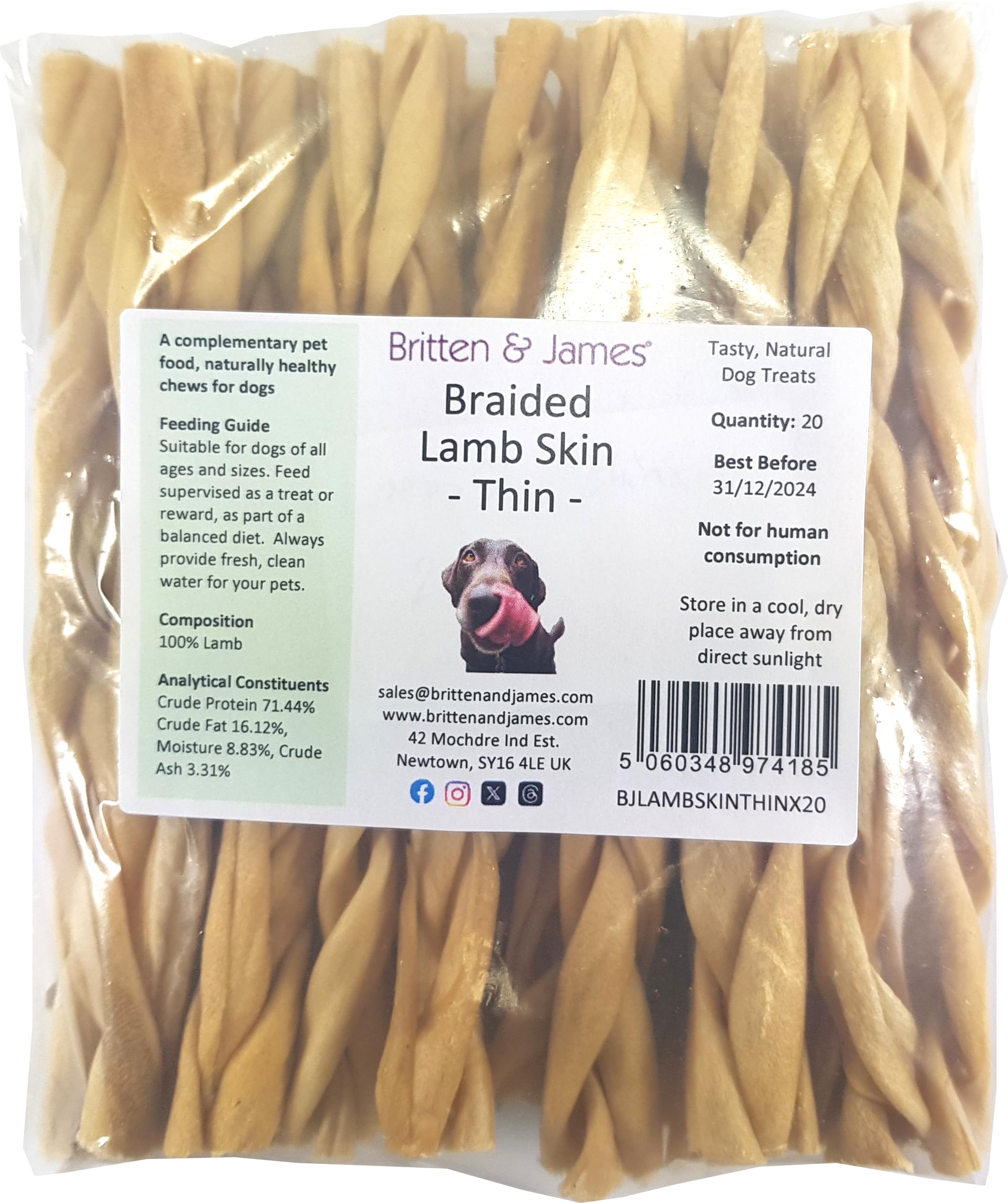 Britten and James 20 Thin Braided Lamb Skin Sticks for Dogs (280g). Natural Long-Lasting Dog Chew Treats - Hypoallergenic, Gluten and Grain Free