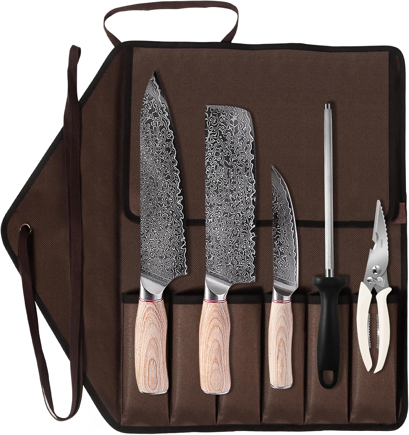 KOFERY Hand Forged Damascus Chef Knife Set with Roll Bag and Sharpener - Ideal for Culinary, Camping and BBQ(Dark-Red Handle)