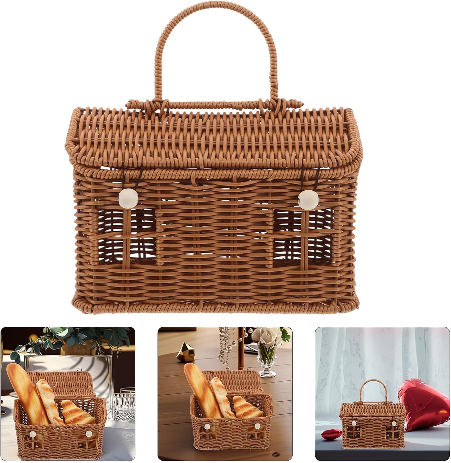 Garneck Handwoven Small Decorative Storage Basket with Lid and Handle, Stylish Pp Material Container for Weddings, Picnics, and Home Organization image 5