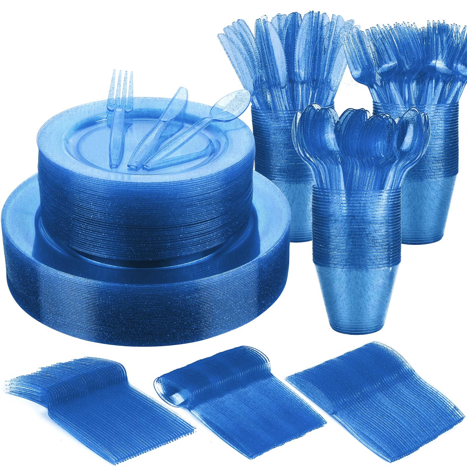 WYTAOHZL 240PCS Blue Glitter Dinnerware Set 40Guest Disposable Blue Glitter Plates 10.2"Dinner Plates 7.5"Salad Plates with 40PCS 9 oz Plastic Cups 40Guests Blue Plastic Forks Knives Spoons