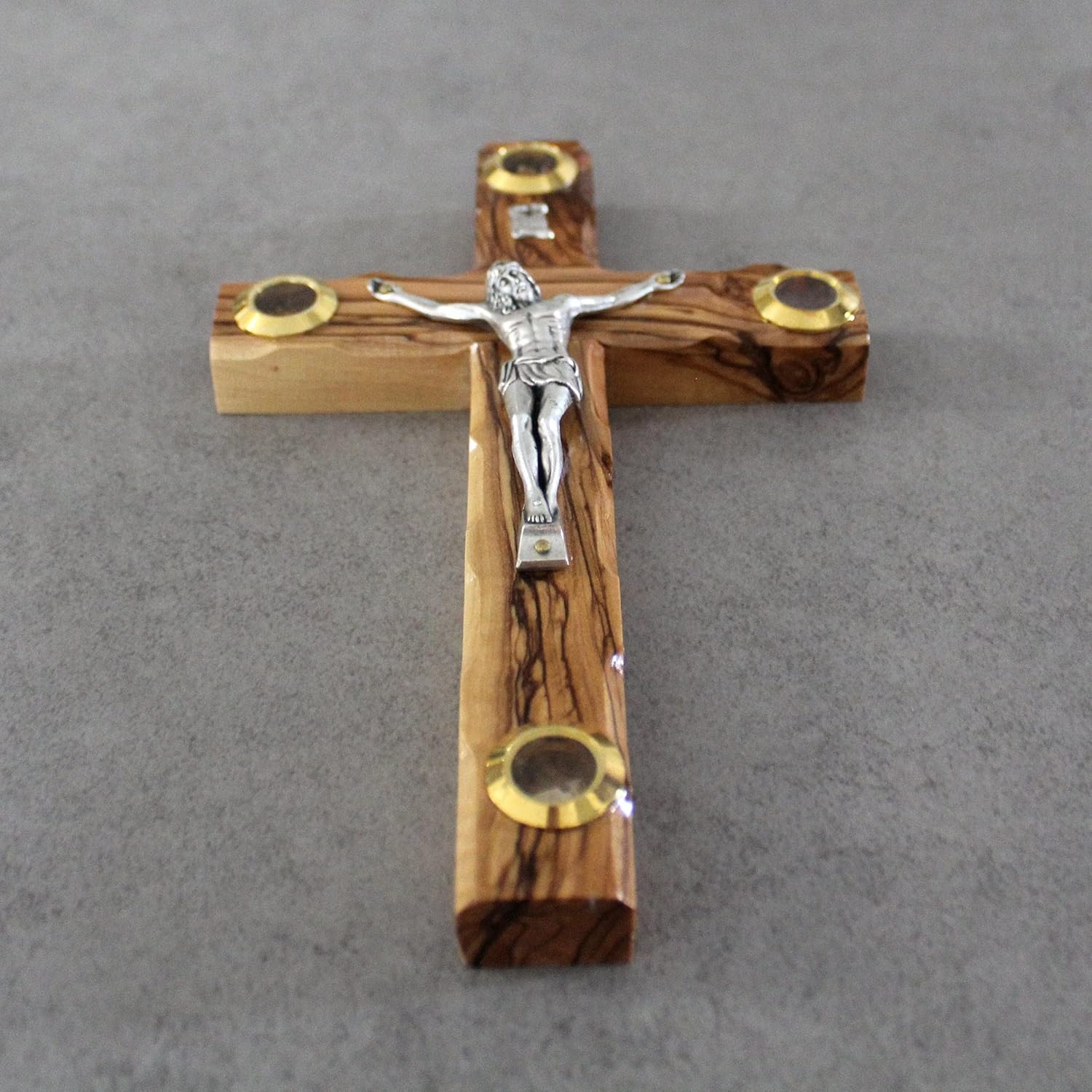 7.5 Inch Olive Wood Wall Cross. 4 Element: Flowers, Incense, Stone and Olive Leaves Made in Jerusalem, Religious Décor Wall Hanging Cross