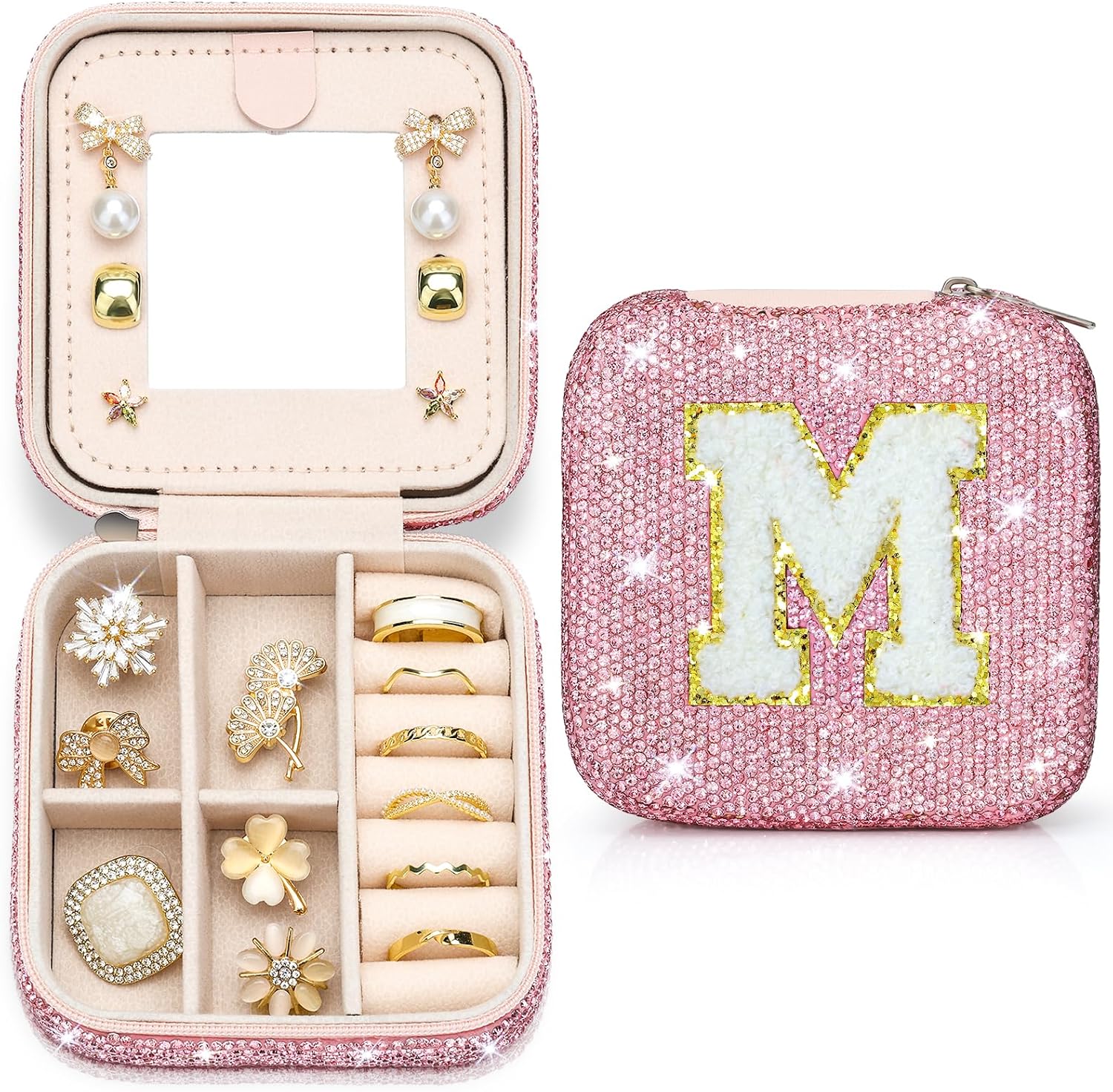 Soleebee Bling Crystal Travel Jewelry Case, M Initial Jewelry Box for Women Girls, Portable Small Jewelry Organizer Travel Essentials for Necklace Earrings Rings - Letter M, Pink