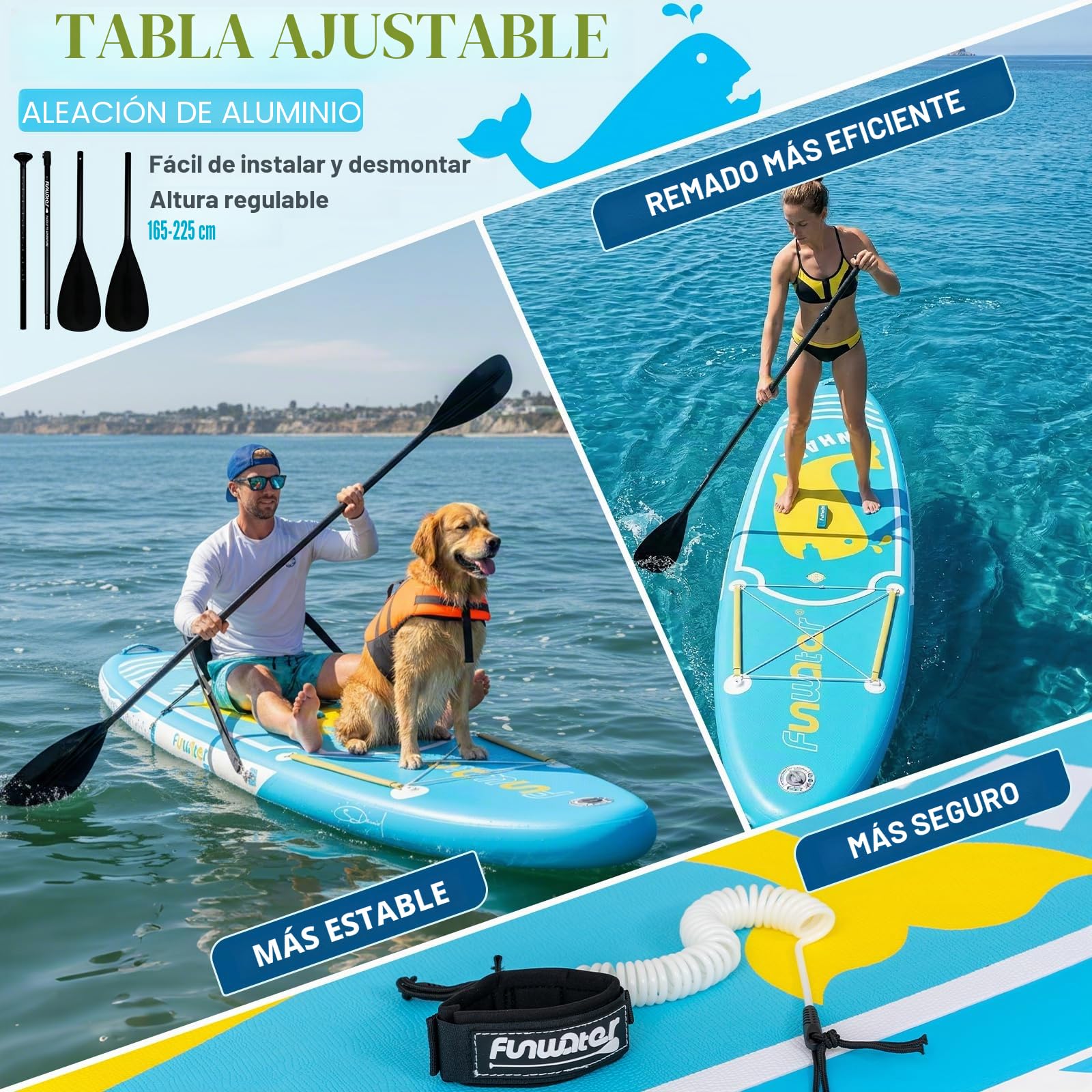 FunWater Tabla de Surf Hinchable de pie para Surf, Tabla de Surf Sup, Accesorio de Remo Ajustable, Bomba, Mochila de Viaje, Correa de Seguridad, Funda Impermeable para teléfono móvil