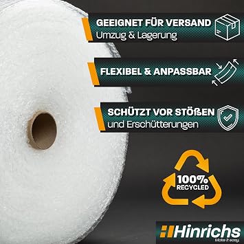 Hinrichs Bubble Wrap 50 m - Bubble Wrap for Packaging - Packaging Material for Sensitive Objects - Bubble Wrap Plus Utility Knife - Padding Material for Moving and Shipping