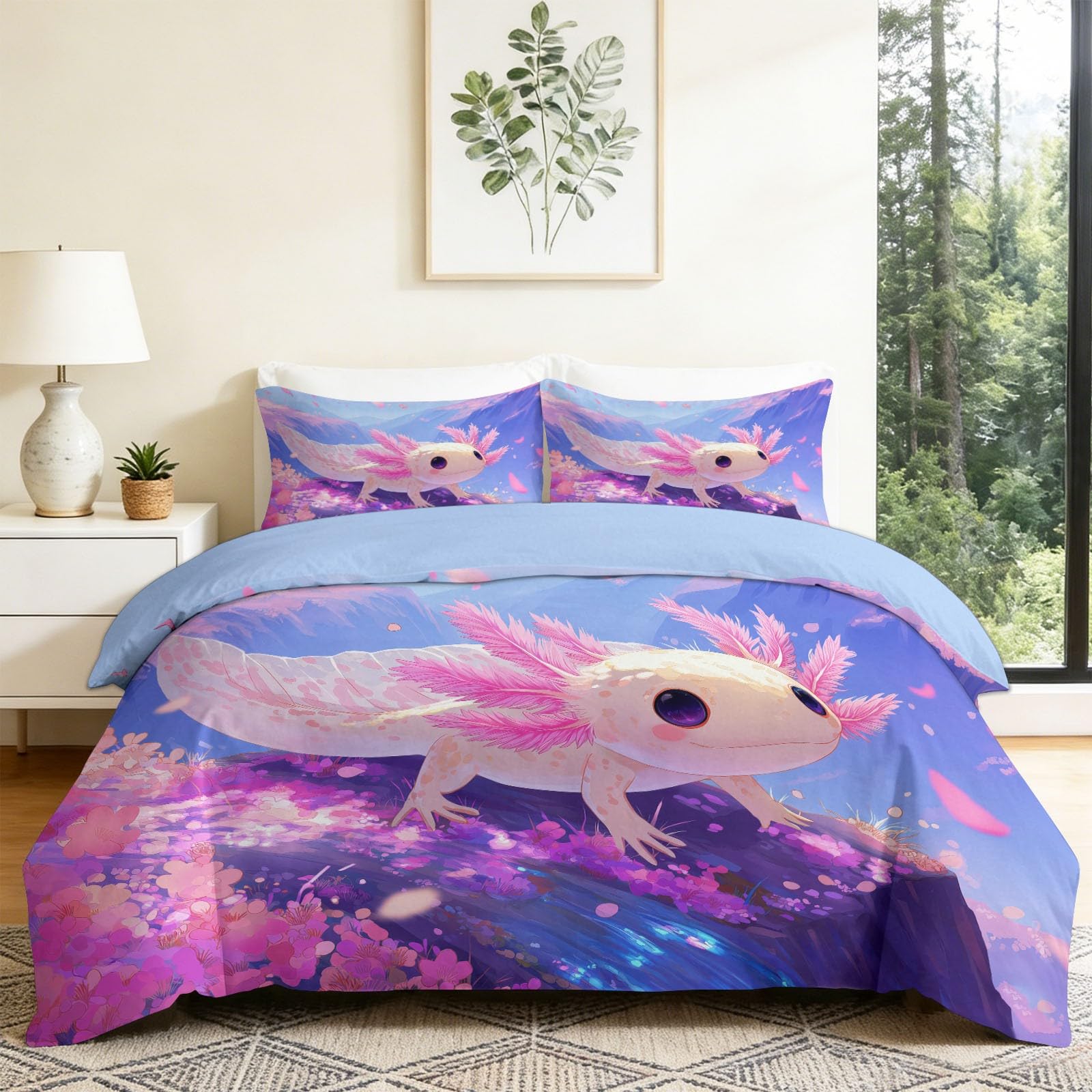 Parure de lit animaux fantastiques housse de couette 140x200 cm axolotl bleu avec zip