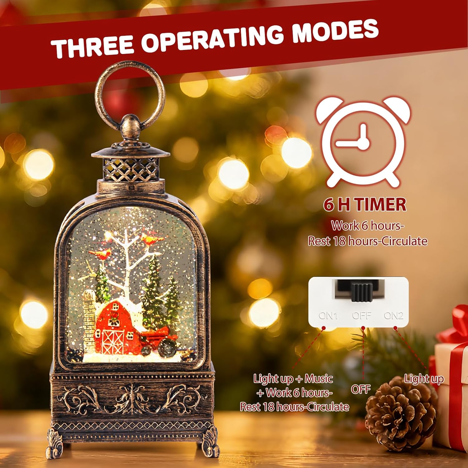 Snow Globe Christmas, Musical Snow Globe Lantern Lights with 6H Timer Battery & USB Powered, Retro Style Holiday Glitter Snow Globes for Xmas Home Decoration Indoor Holiday Party Gifts - Image 3