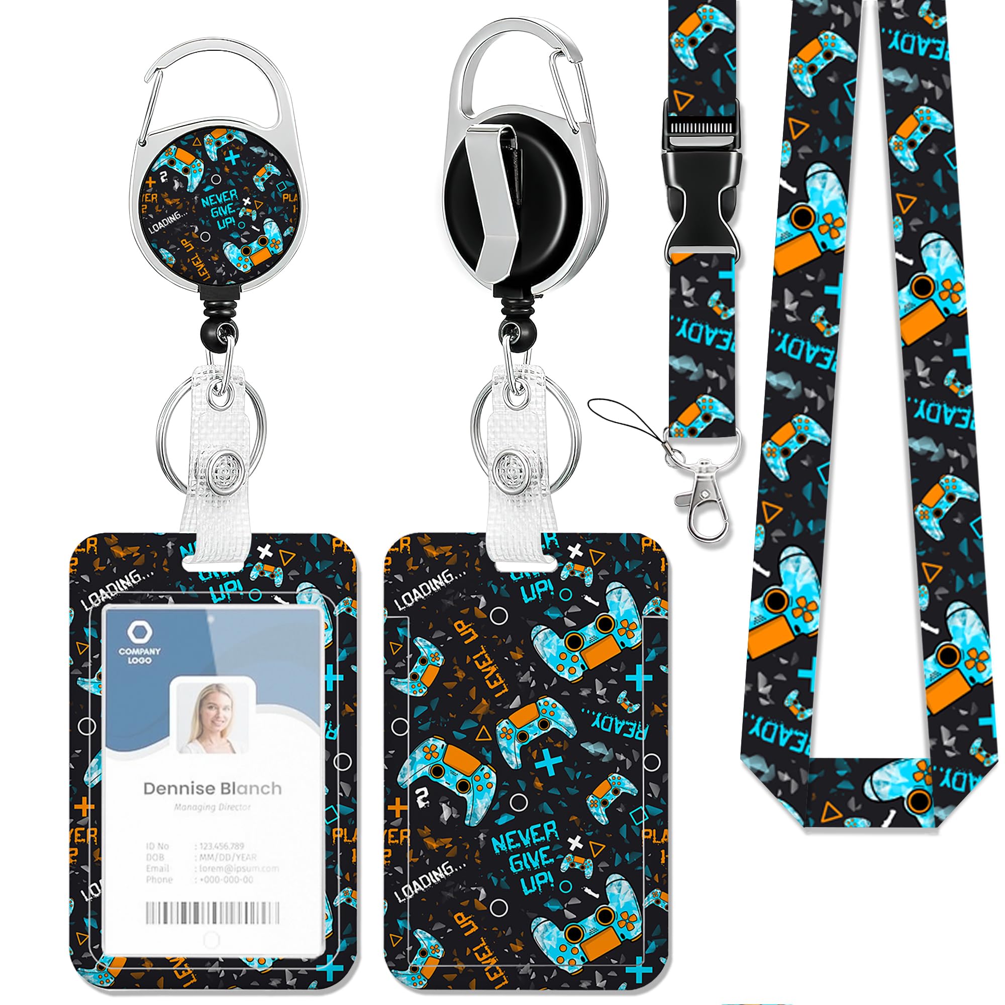 Soporte para tarjetas de identificación de icono de gamepad con cordón retráctil, soporte para tarjetas con clip de carrete desmontable, etiqueta de nombre de trabajo, cordón vertical para tarjetas de
