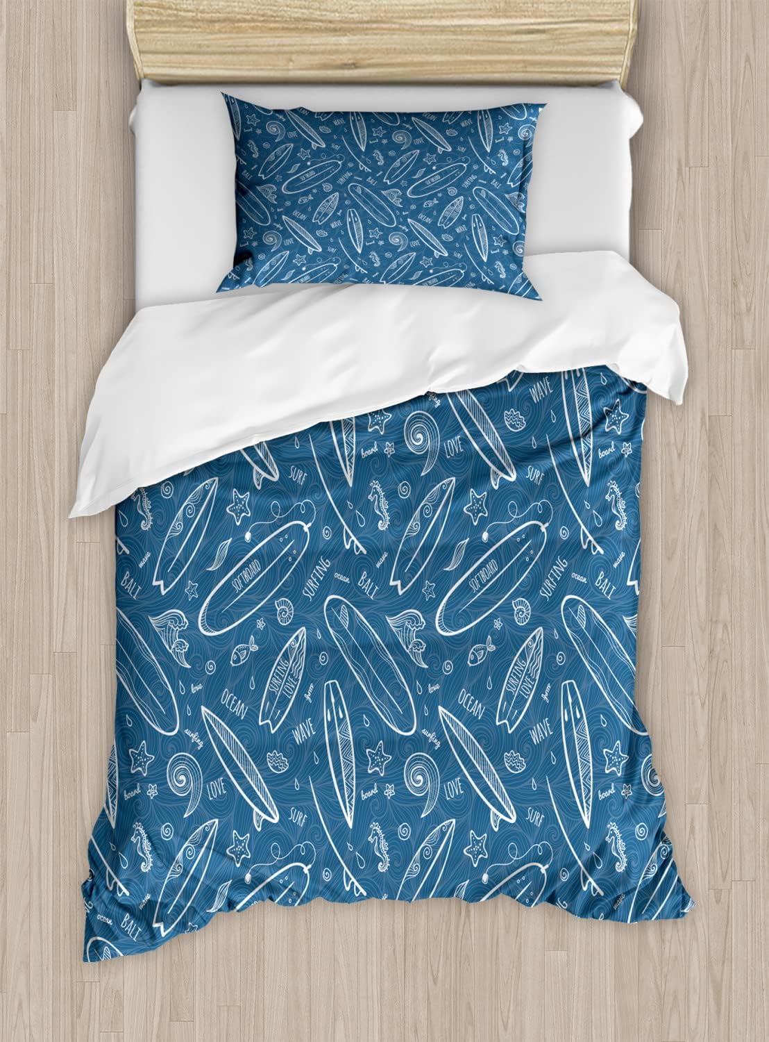 Ambesonne Surfboard Duvet Cover Sets, Blue Waters Oceanic Elements Waves Swirls Doodle White Outlines Hobby Fun Times, Bedding Set with 2 Duvet Covers & 2 Pillowcases, 2 Pack Twin Size, White Blue