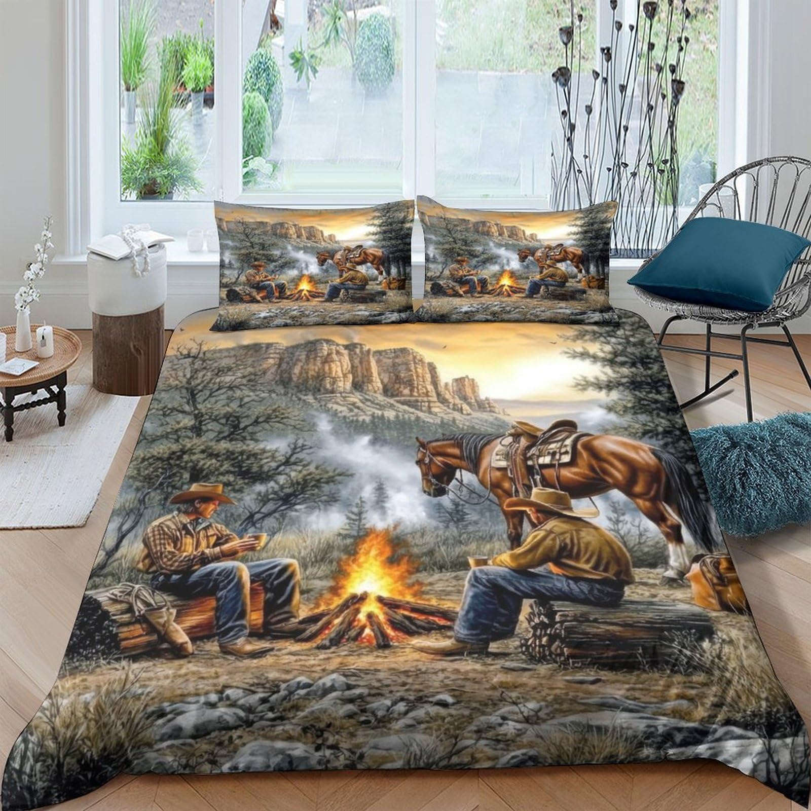 Ctjqhvkz Style-2 3D Printed Cowboy Campfire Fitted Sheet Microfiber Rustic Horse Bed Cover Bedroom Decor Anti-Slip Washable Single（135X200cm）