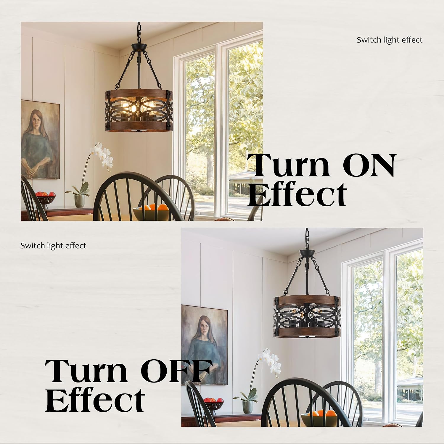 4-Light Farmhouse Drum Wood Pendant Light 13.8'' Vintage Rustic Brown Oak Wood Chandeliers,Retro Industrial Hanging Light Fixtures for Dining Room Entryway, Bedroom thumbnail