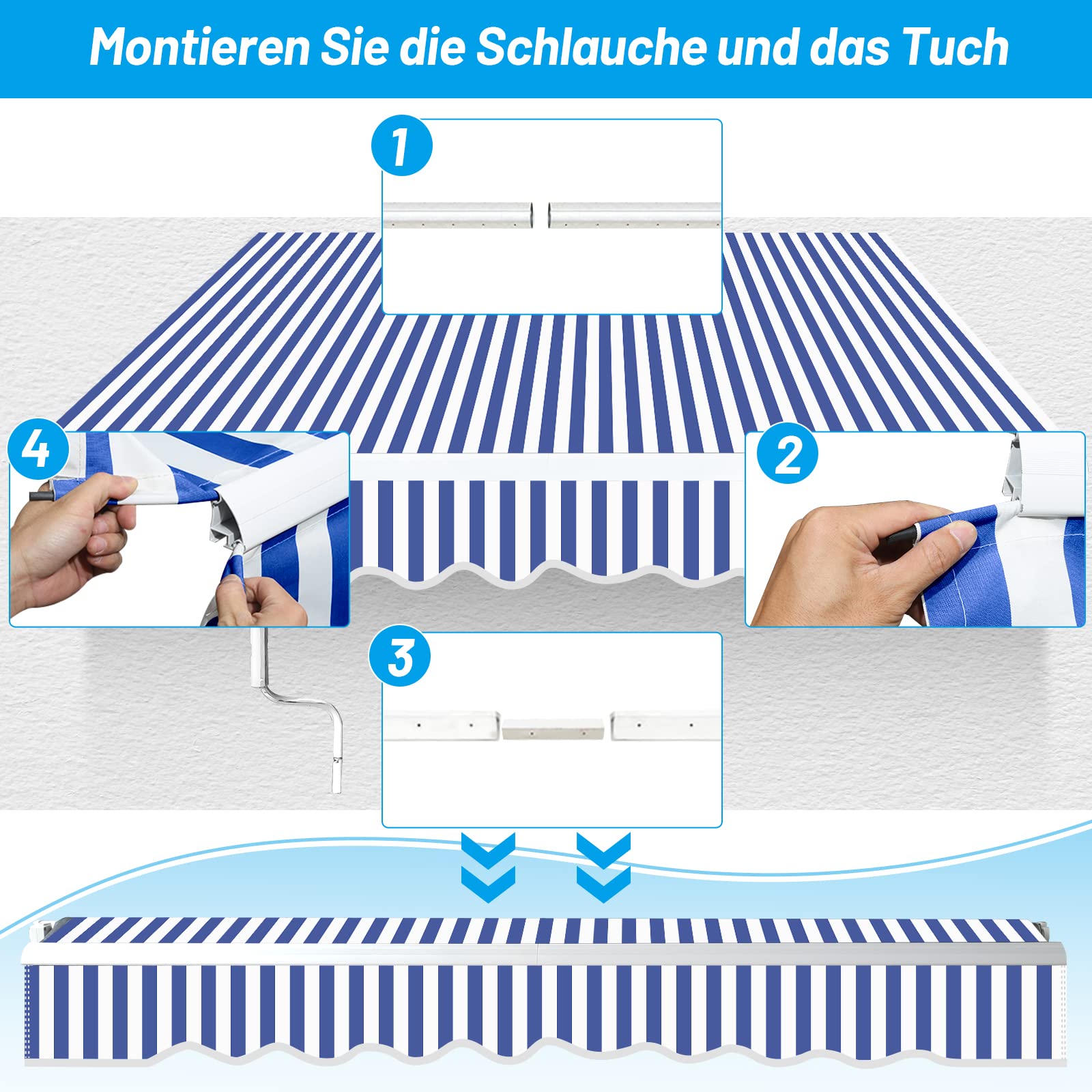 Toldo Manual con Brazo Articulado, 350x300cm Toldo Retráctil con Manivela, Protección Solar Anti-UV, Regulable en inclinación, para Jardin, Cafetería, Azul y Blanco