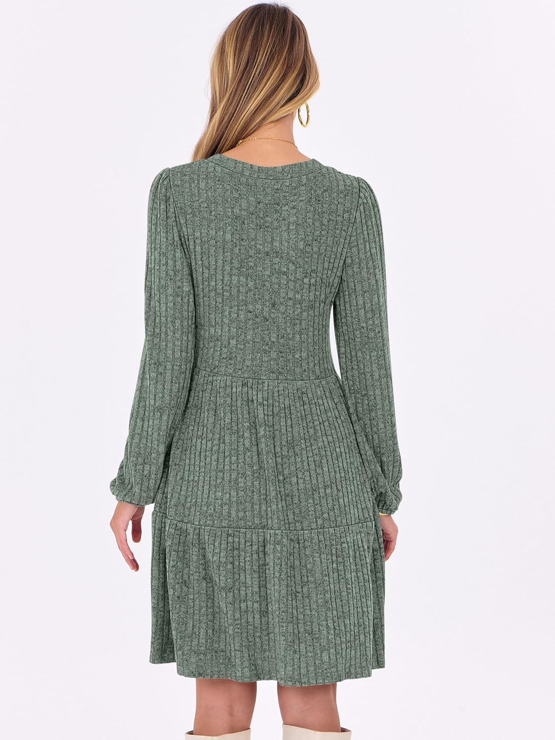 ANRABESS Long Sleeve Dress for Women Fall Fashion Outfits 2025 Casual V Neck Rib Knit Babydoll Sweater Dresses with Pockets - Image 6