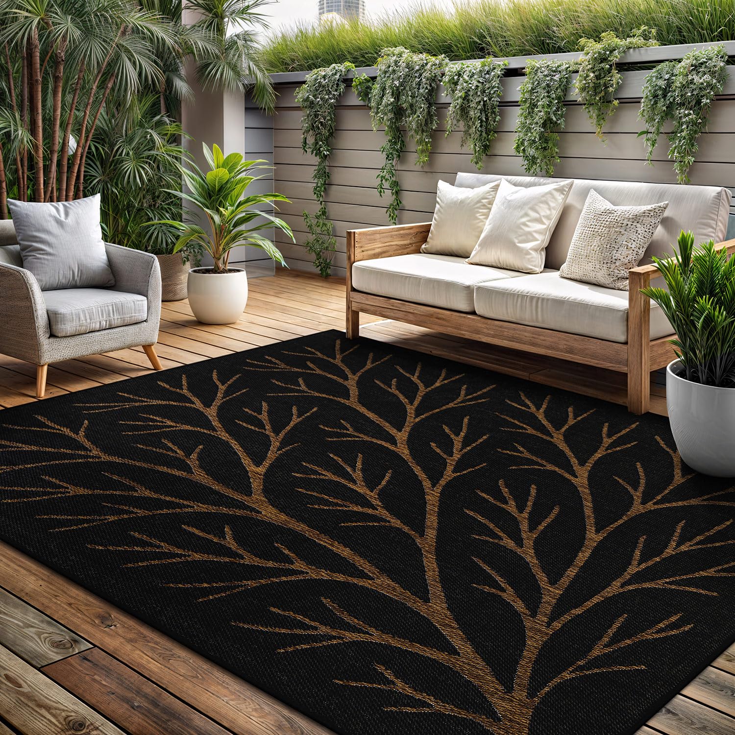 Washable Indoor Outdoor Rug 5x7 Modern Area Rugs Branch Pattern Non Shedding Waterproof Easy Clean Patio Deck Porch Living Room Bedroom Garden RV (5 X