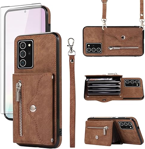 Funda para teléfono Samsung Galaxy Note 20 Ultra 5G con protector de pantalla, correa cruzada para muñeca, cordón para tarjetas de crédito Note20