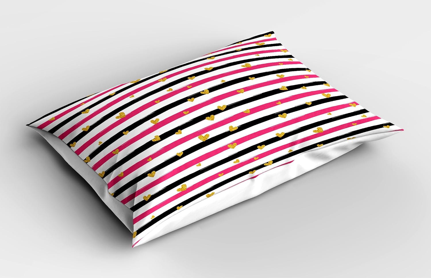 Lunarable Valentines Day Pillow Sham, Romantic Teenager Love Sign Hearts on Grunge Stripes Lines, Decorative Standard Queen Size Printed Pillowcase, 30" X 20", Hot Pink Black and White