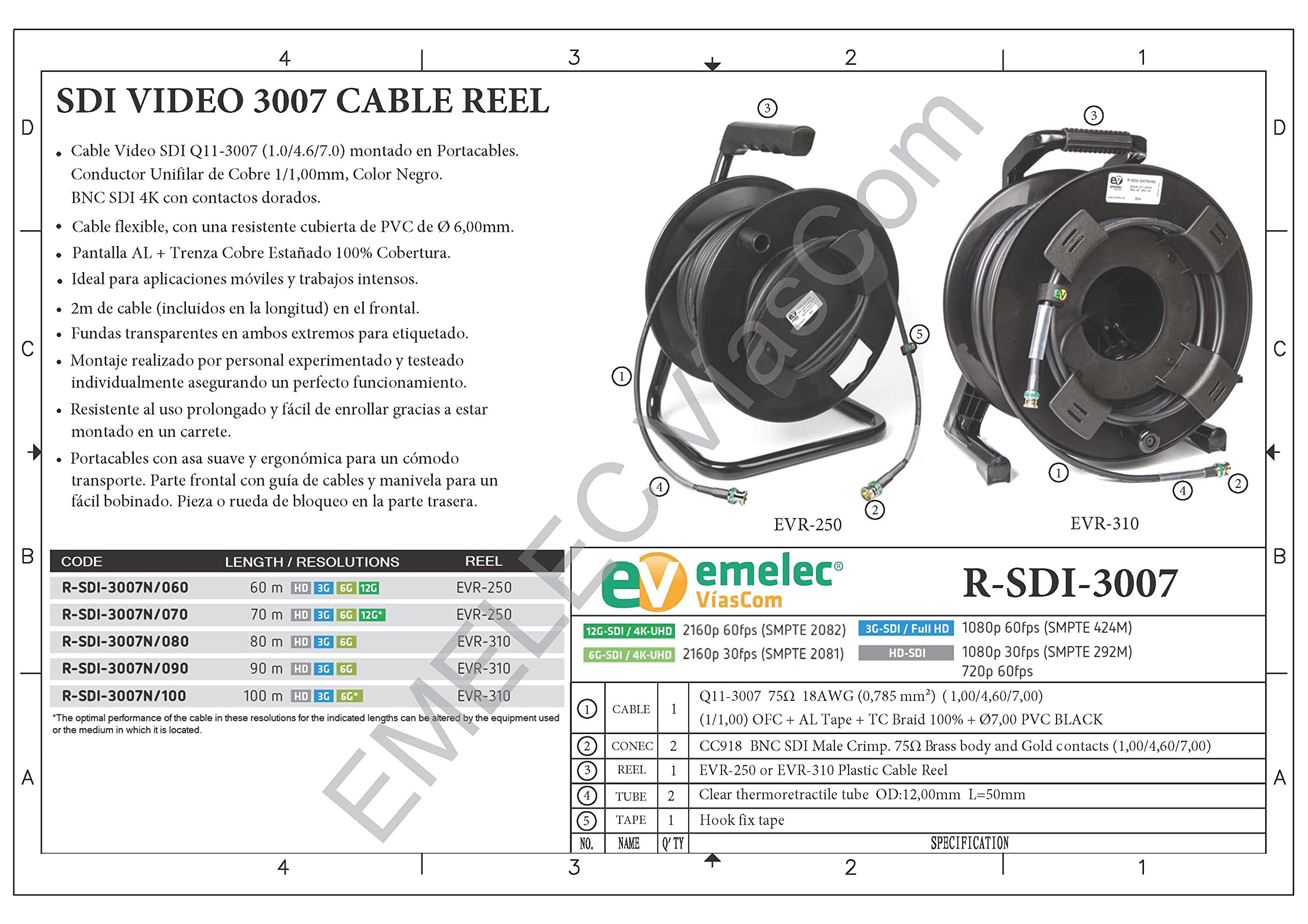Emelec VíasCom R-SDI-3007N/100 – 100m Cable Video 4K-UHD 6G-SDI (1.0/4.6/7.0) montado en Portacables con BNC 4K-UHD – Conductor Unifilar – Color Negro – PVC Flexible